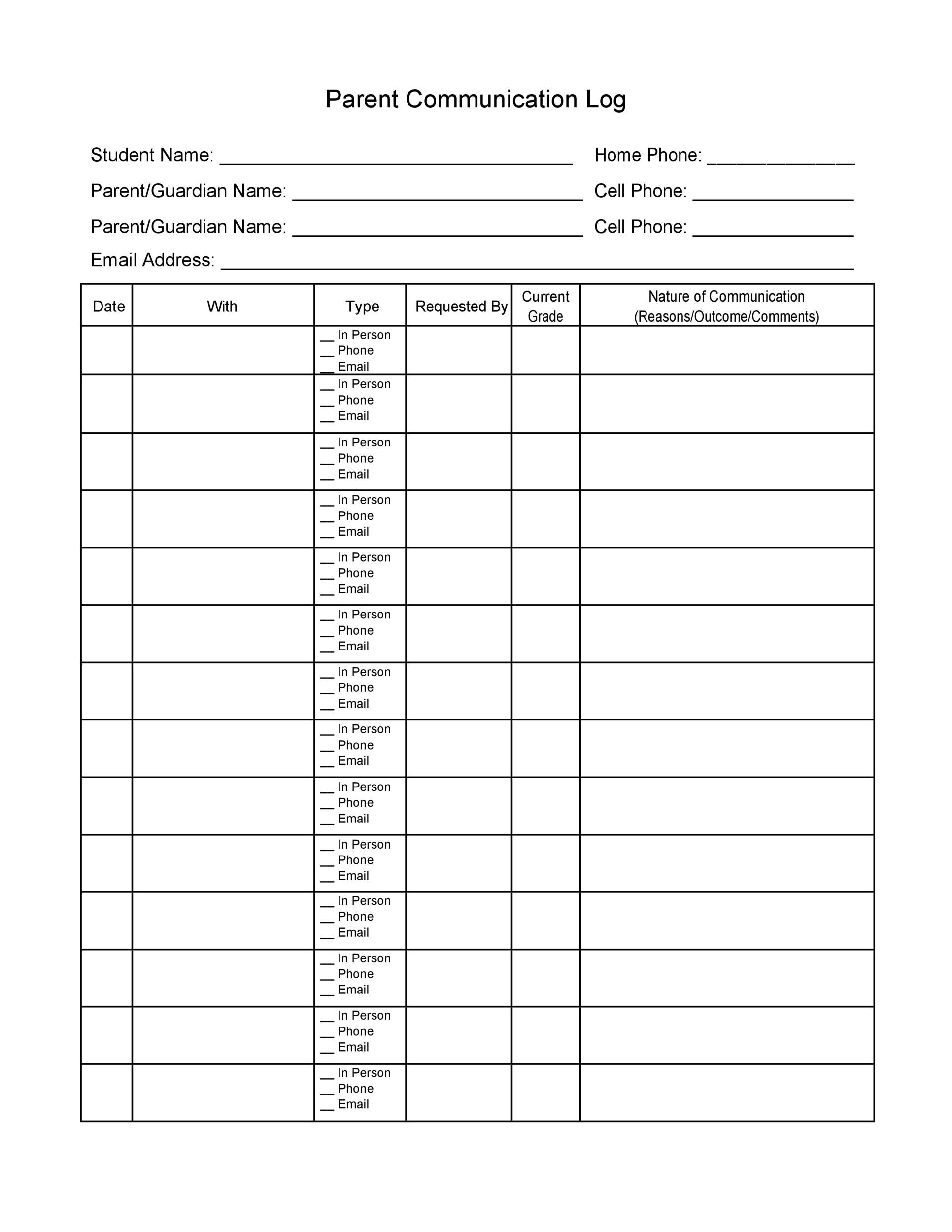 50 Editable Parent Contact Logs Doc Excel PDF 