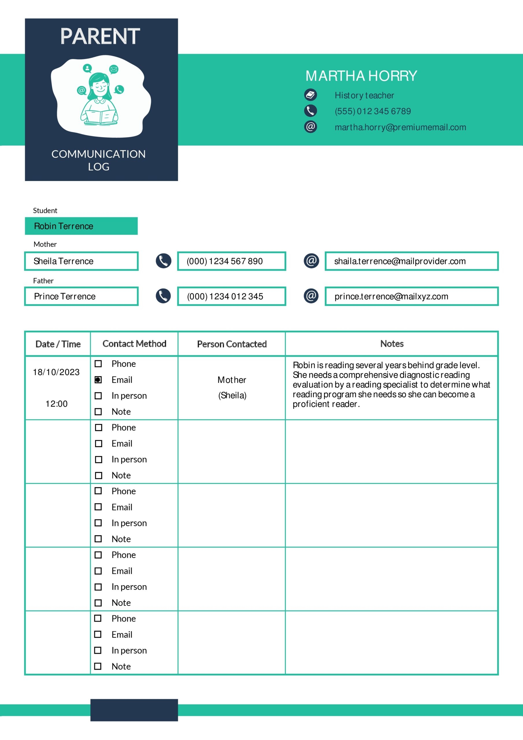 Free Parent Contact Log Template