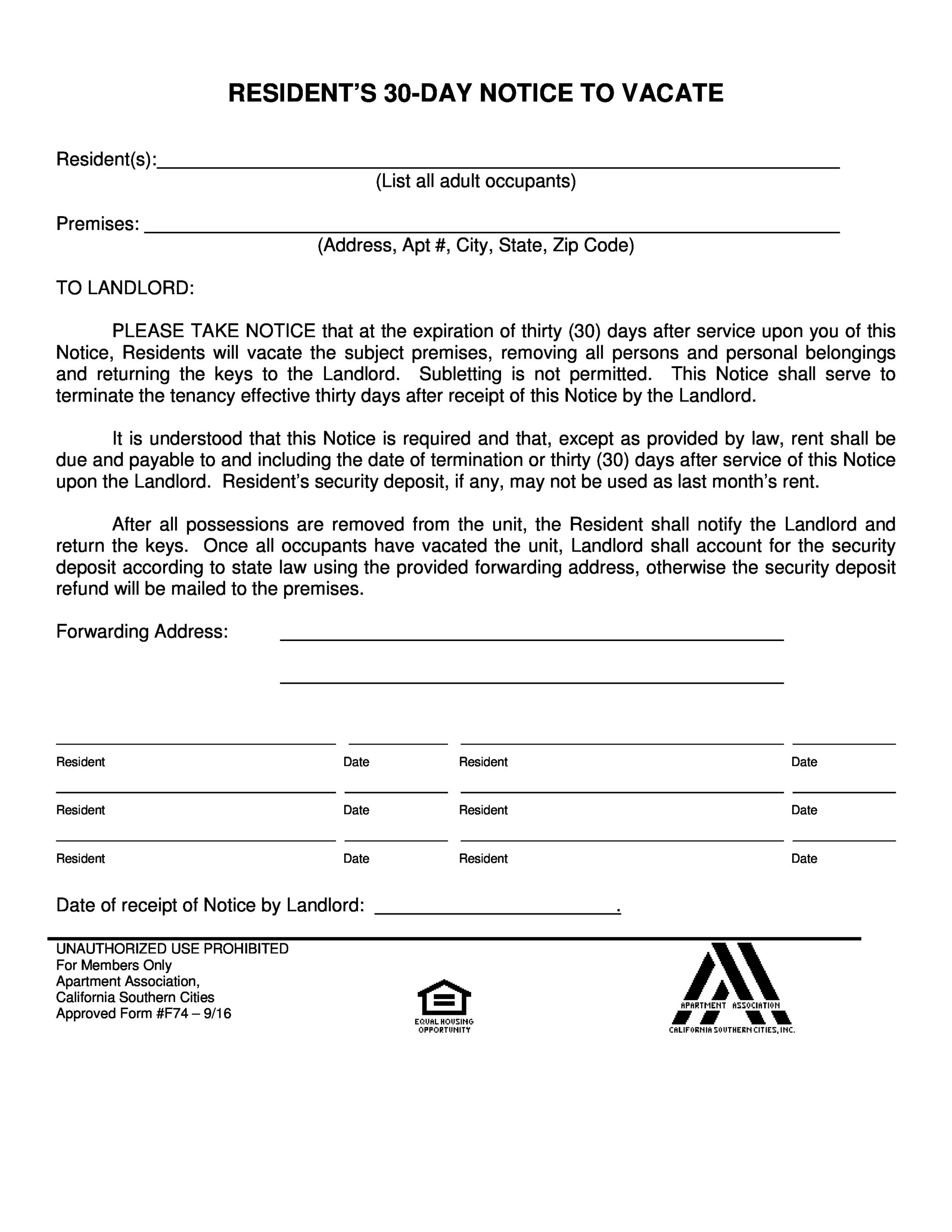 Free Notice To Vacate Form