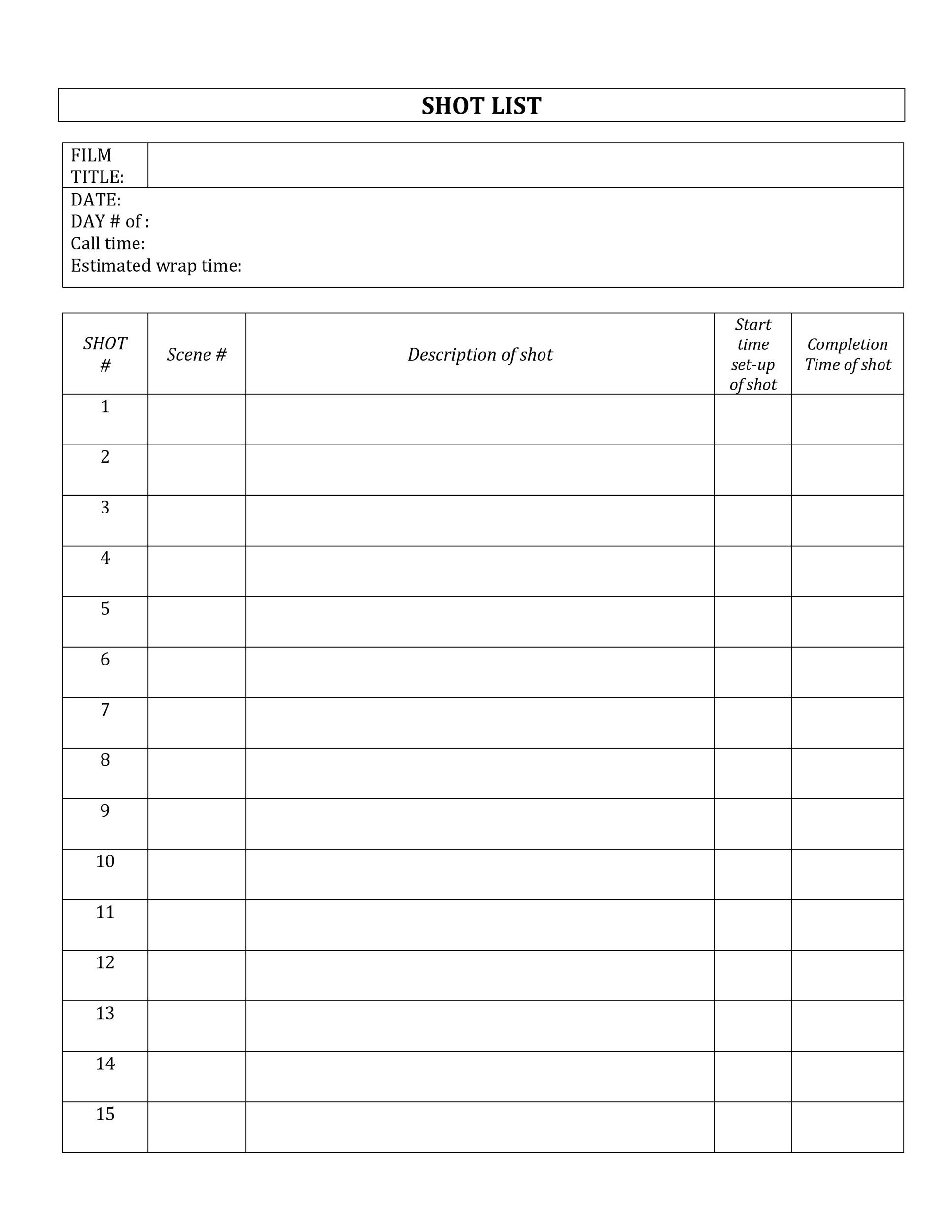 Film Shot List Template Excel