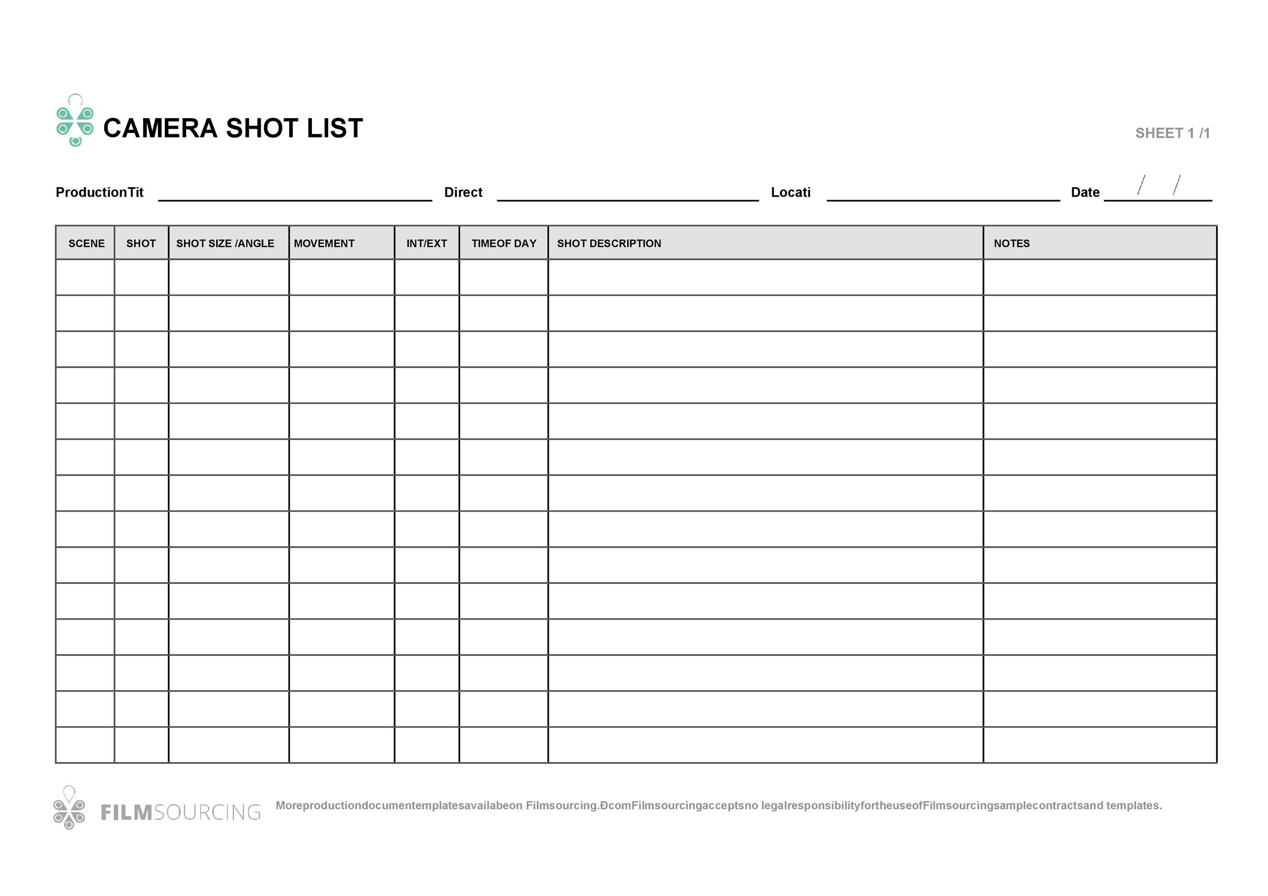 Film Shot List Template Excel