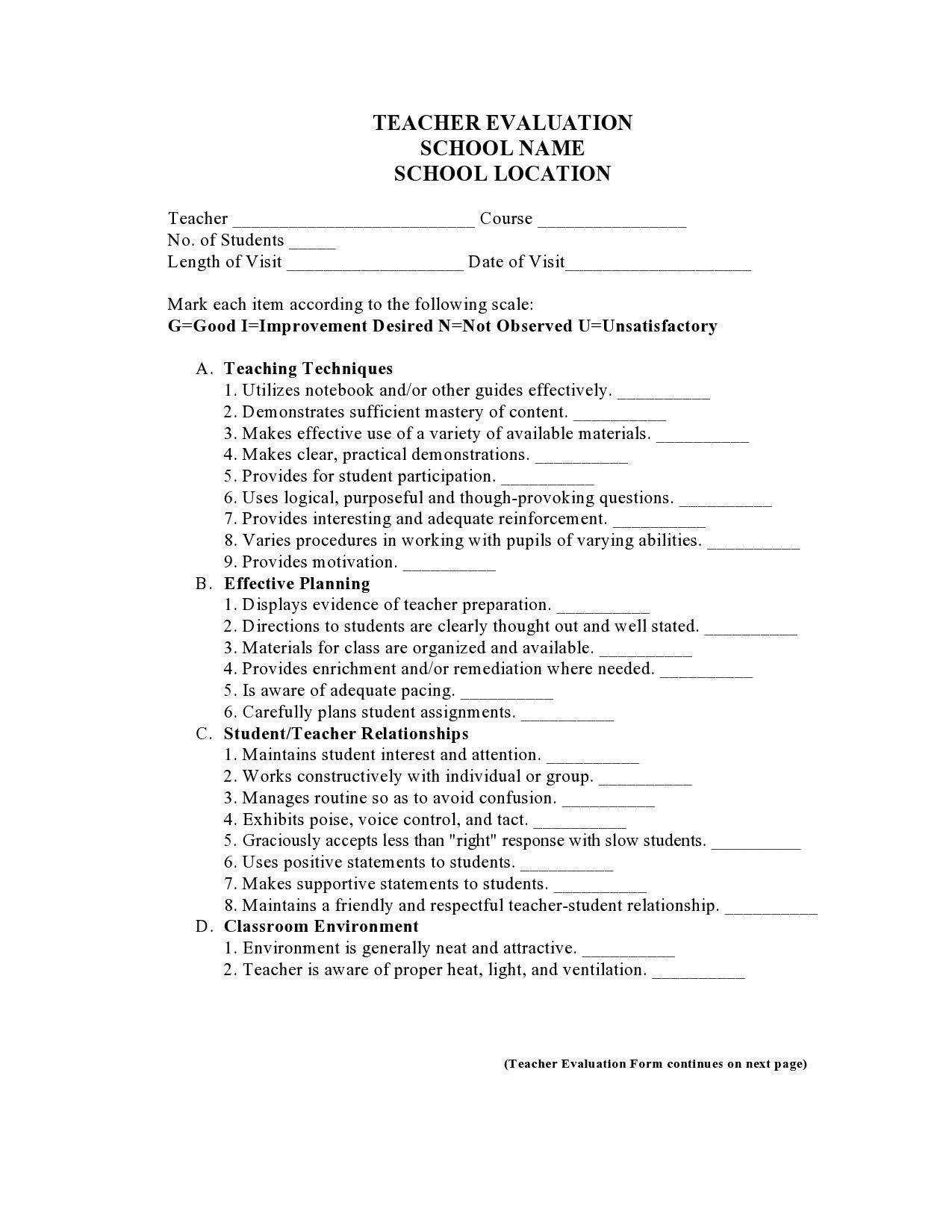 Teacher Evaluation Form For Students