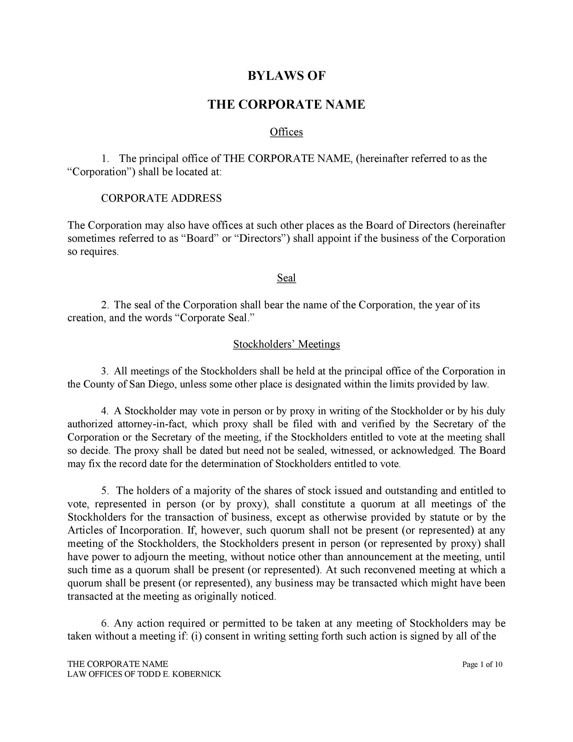 Free Bylaws Template Word Document