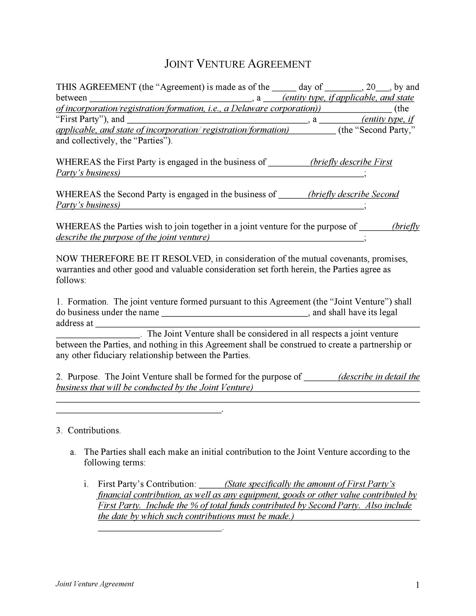 Joint Venture Agreement Format In Word