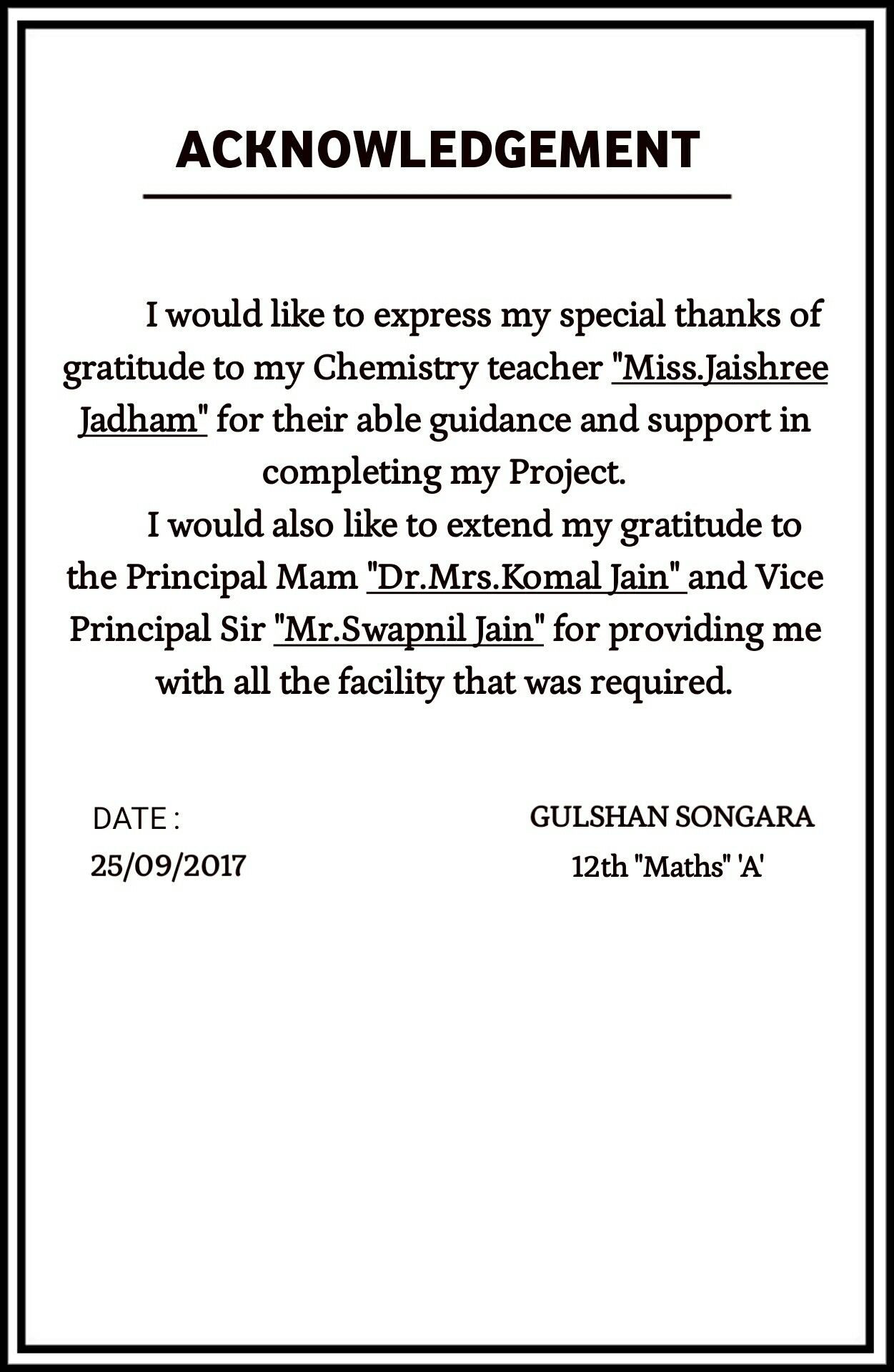 Acknowledgement school Projects Sample Acknowledgments For Project First Page Of Project Chemistry Projects