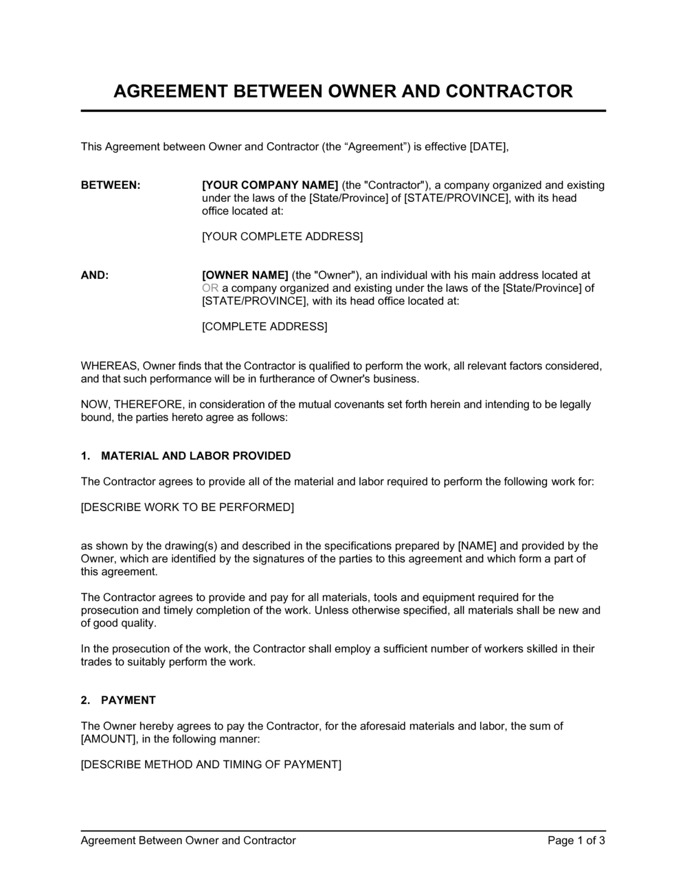 Agreement Between Owner And Contractor Template Business in a Box 