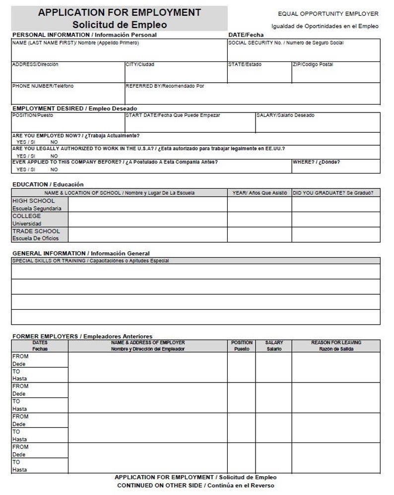 Free Bilingual Employment Application Form