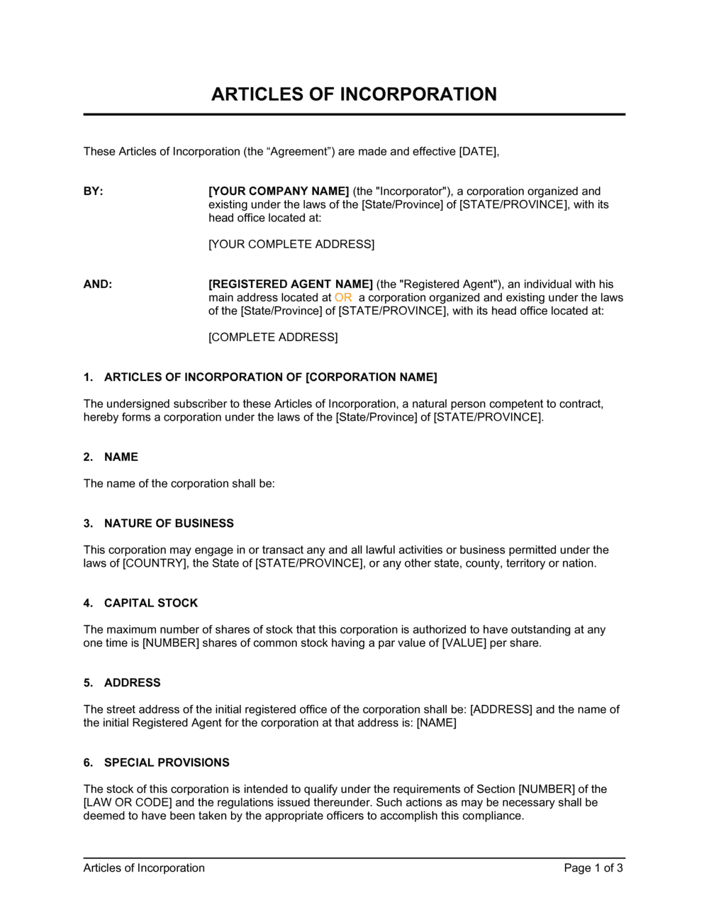 Free Sample Articles Of Incorporation