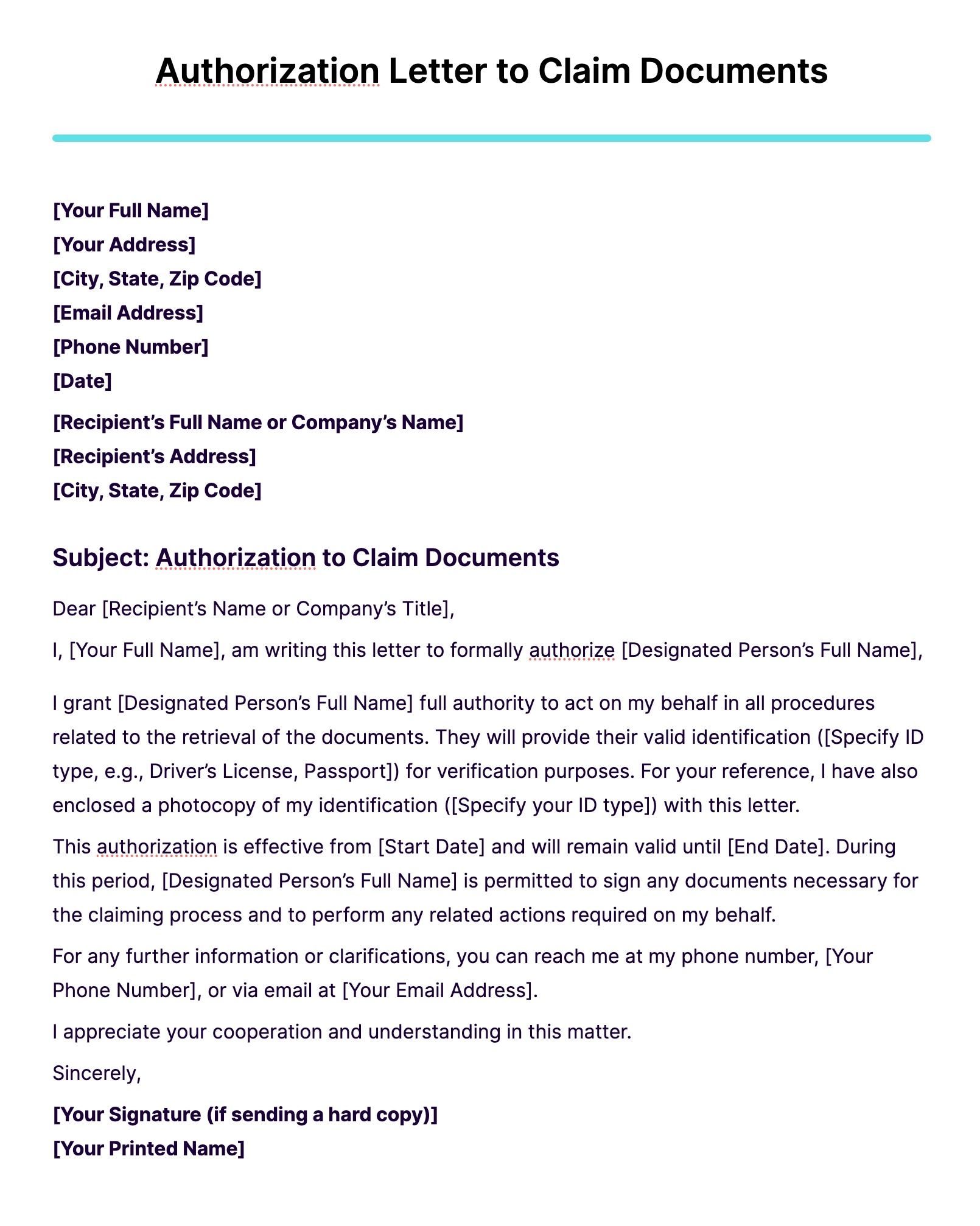 Authorization Letter To Claim 18 Examples Format Sample How To Pdf