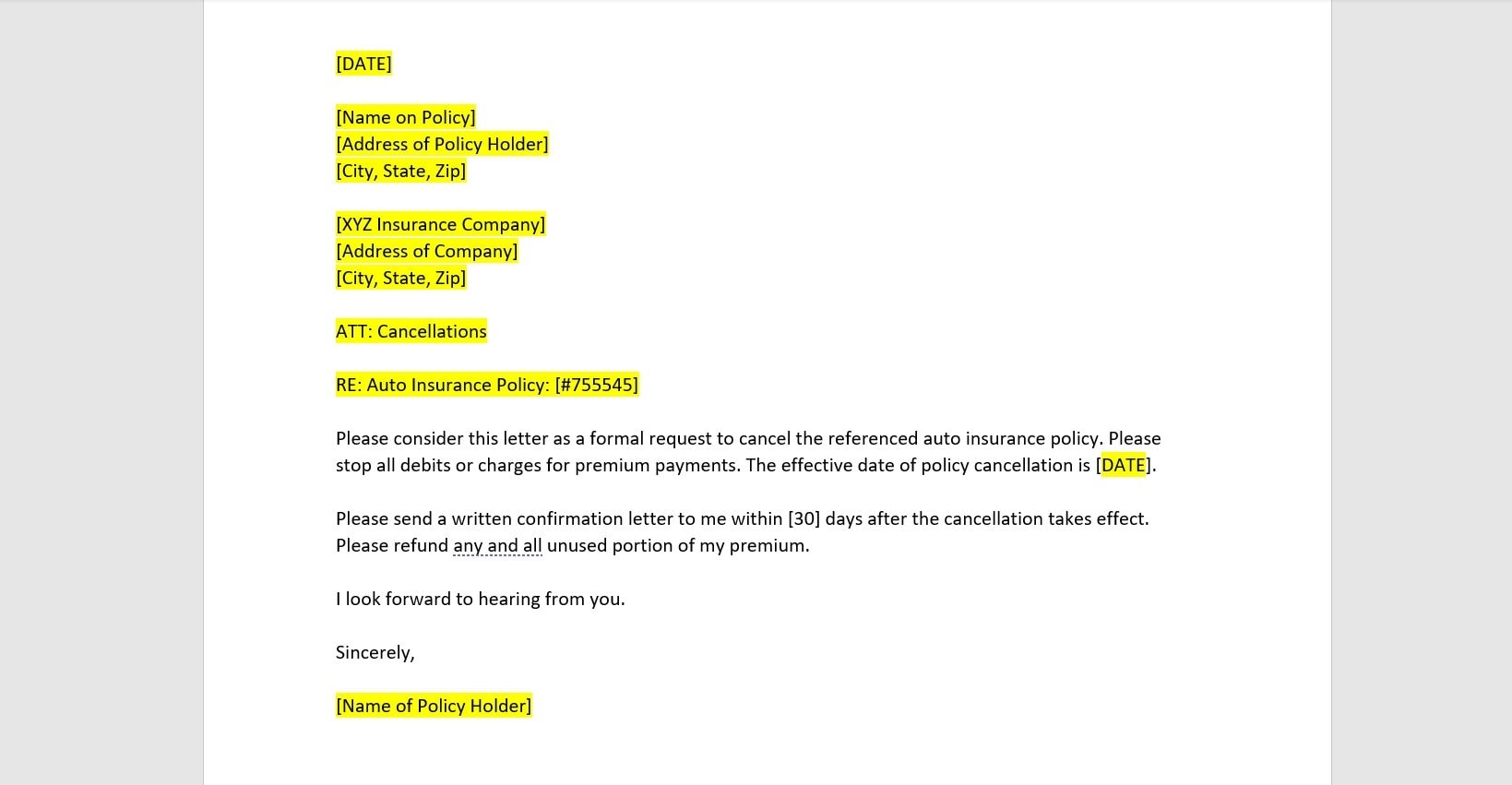 Letter Of Cancellation Of Insurance