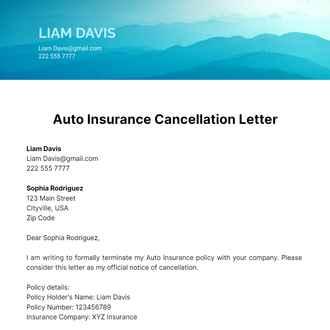 Sample Letter To Cancel Insurance Policy