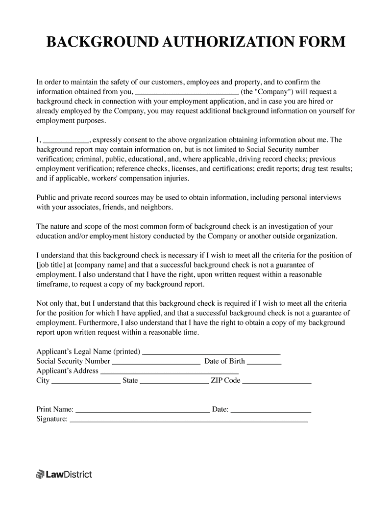 Pre Employment Background Check Authorization Form