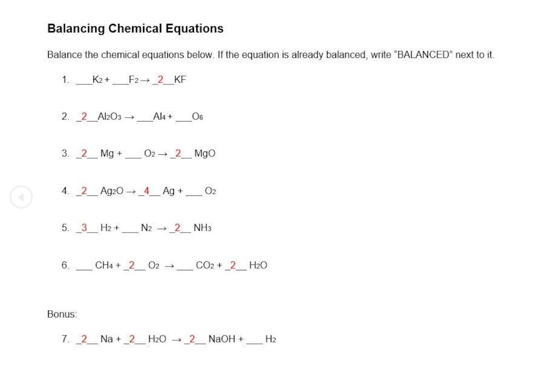 Balancing Equations Answer Key About Chemistry