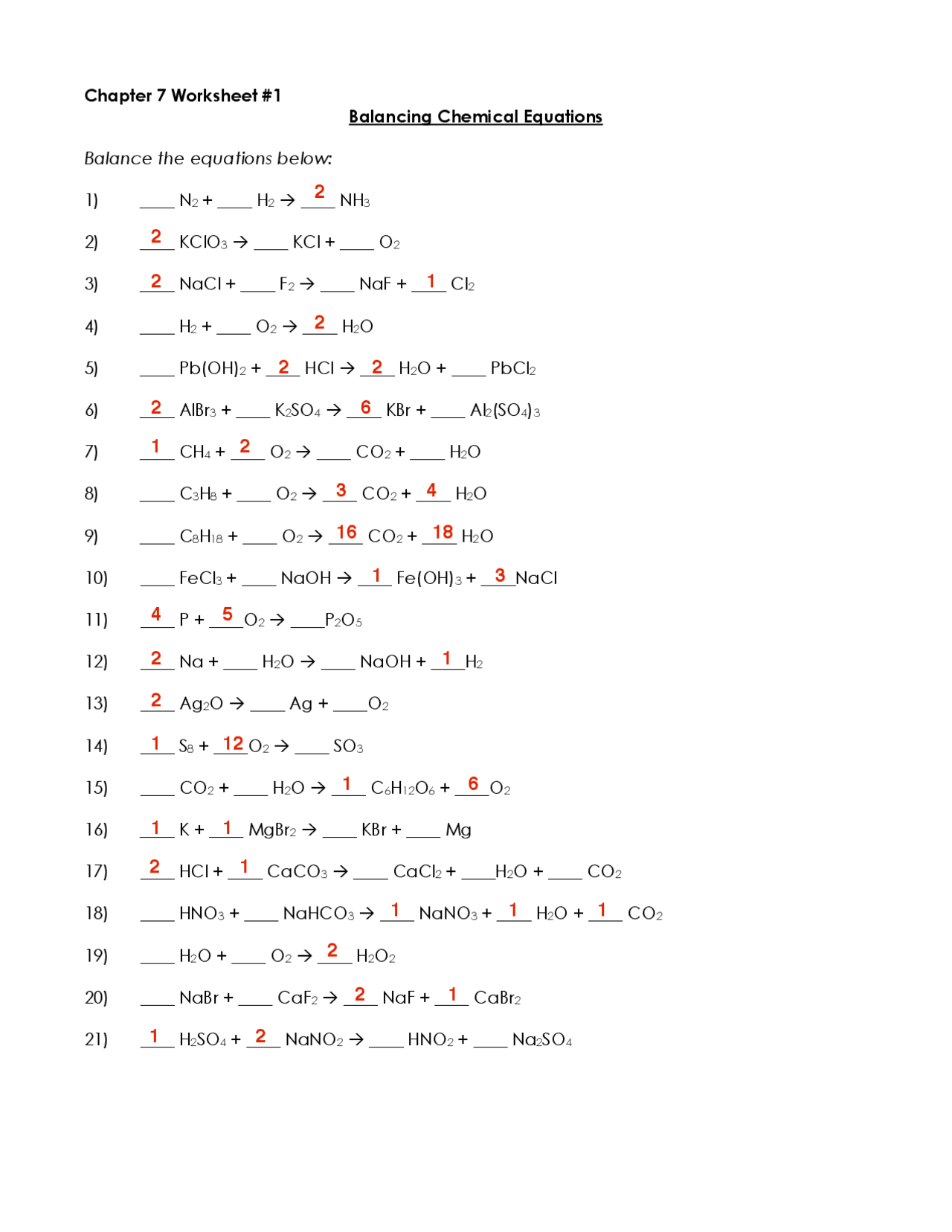 Balancing Chemical Equations Exercises Chemistry Docsity