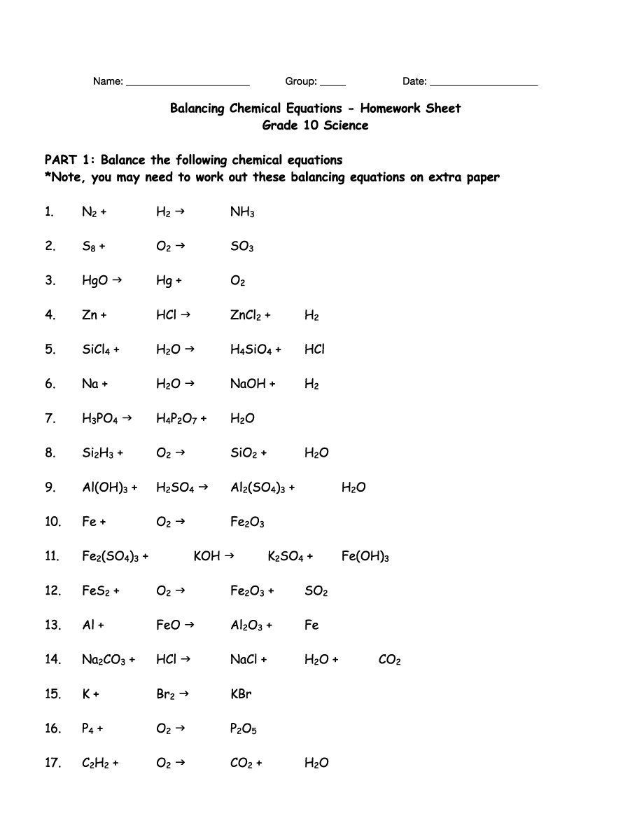 Balancing Chemical Reactions Answer Key