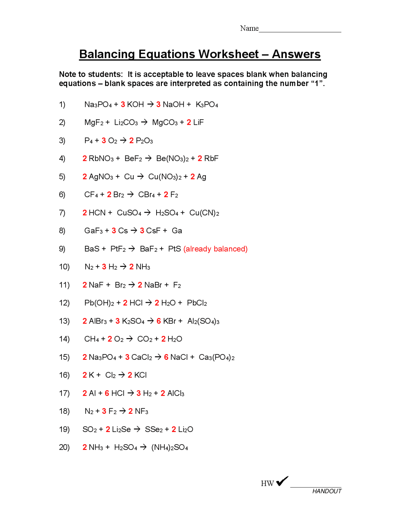 Practice Balancing Equations #1 Answers
