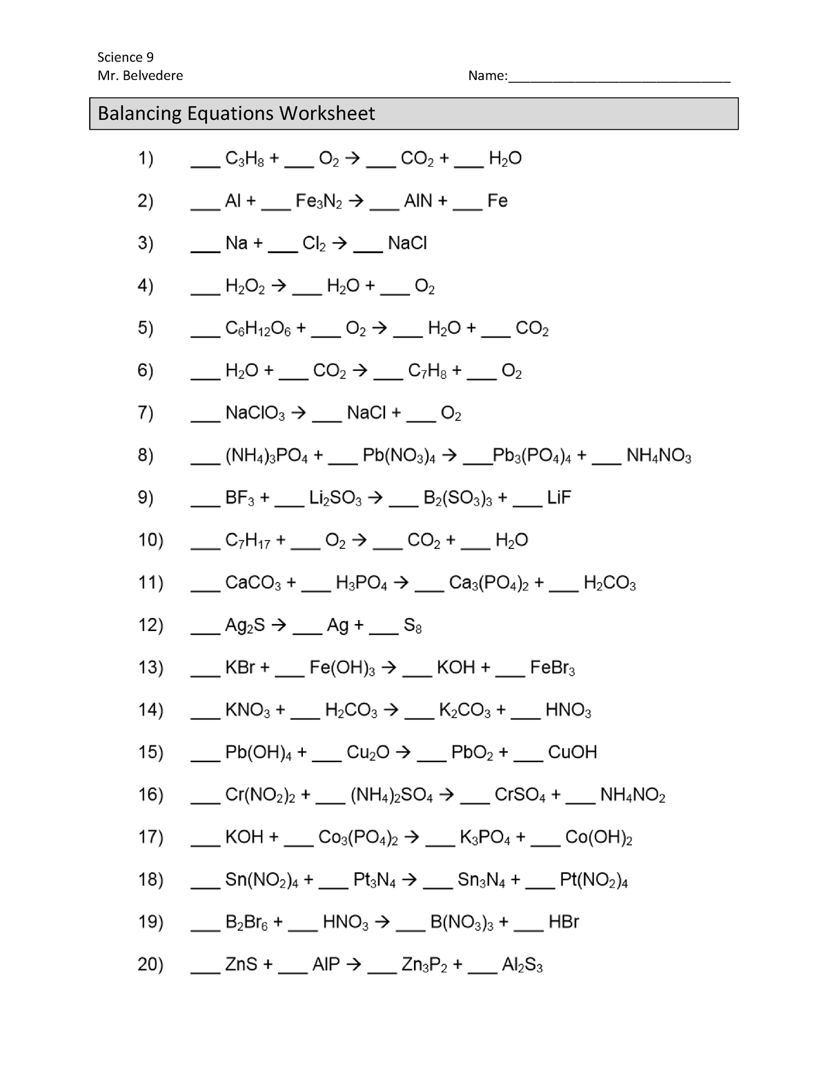 Balancing Equations WS Answers 11 12 13 Science 9 Mr Belvedere Studocu
