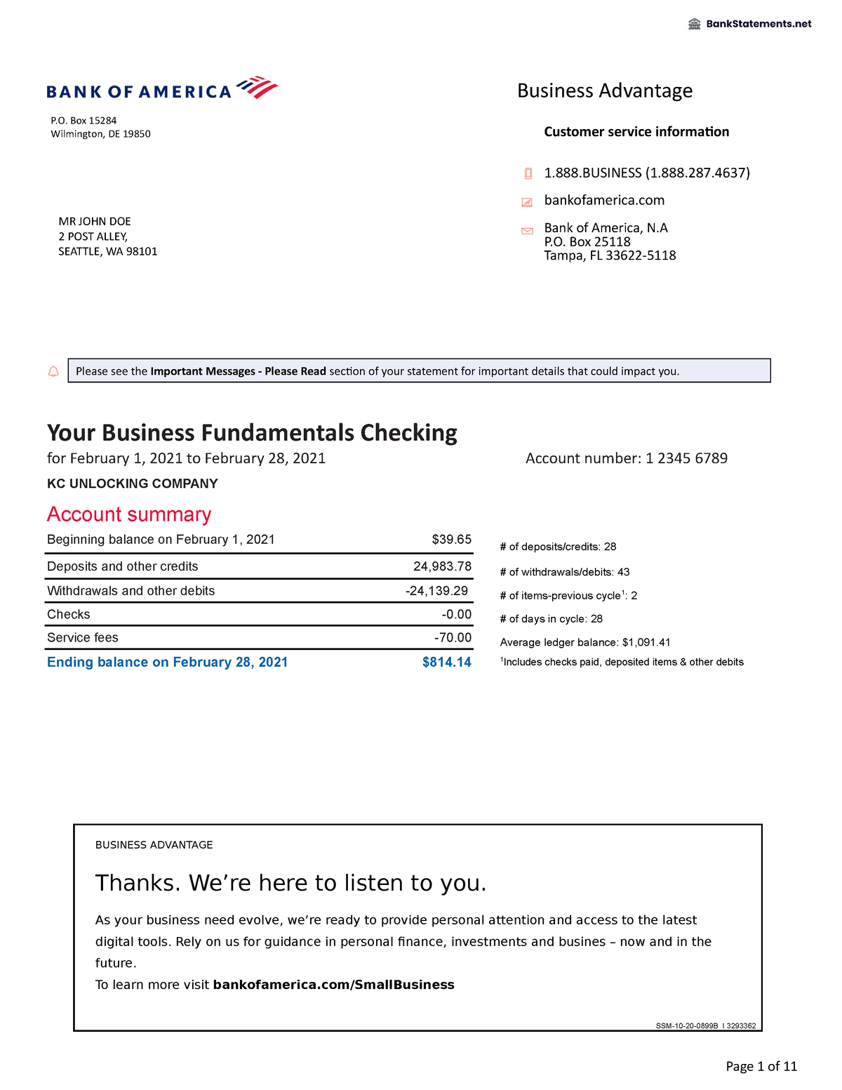Bank Of America Statement Bank Statements Business Advantage P Box 15284 Wilmington DE 19850 Studocu