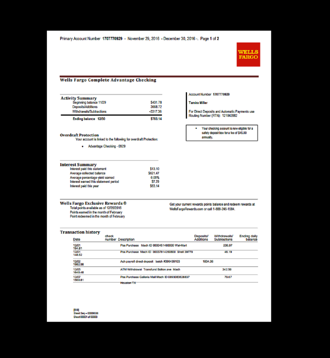 Bank Statement Wells Fargo Template Fake Custom Printable Income Monthly Verification Direct Deposit