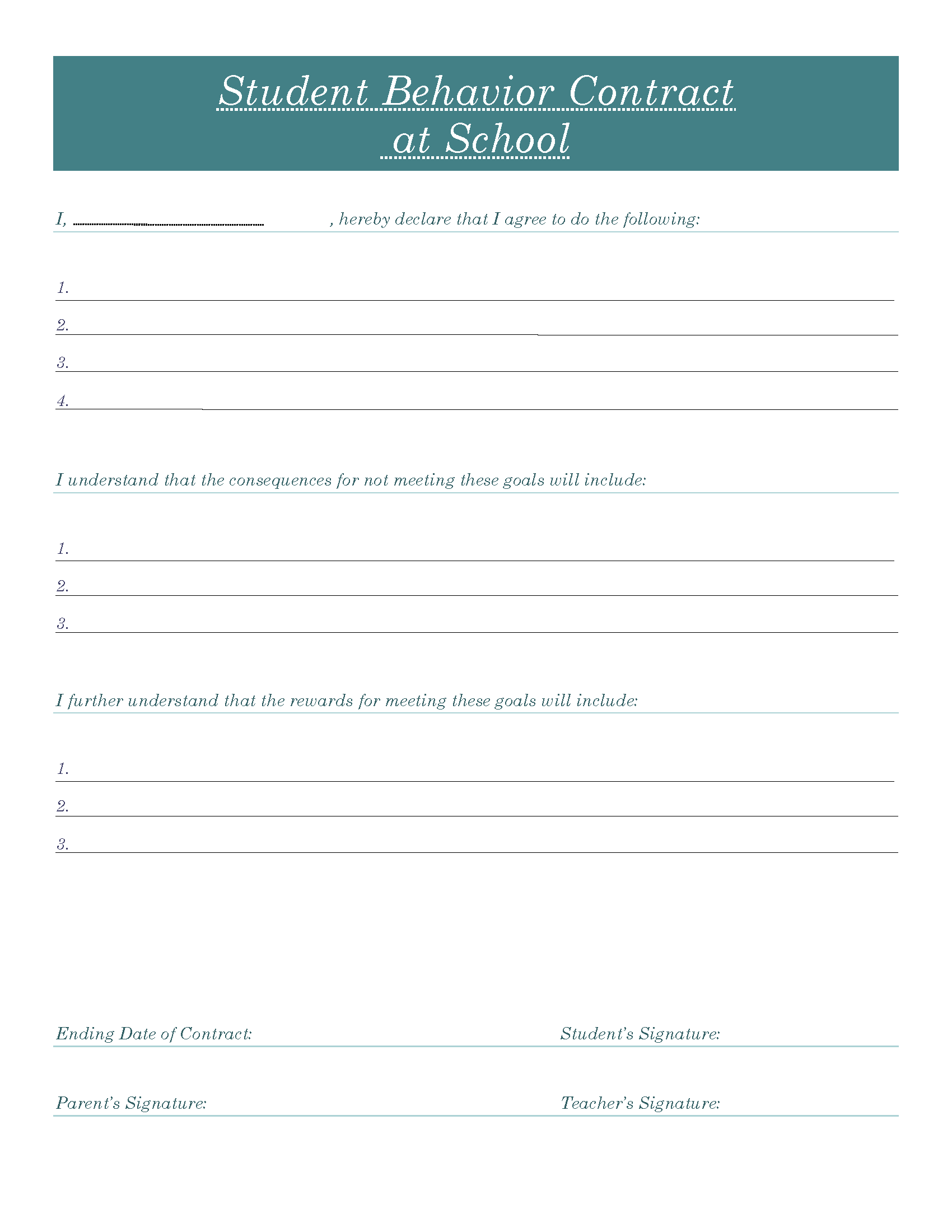 Behavior Contract For Elementary Students