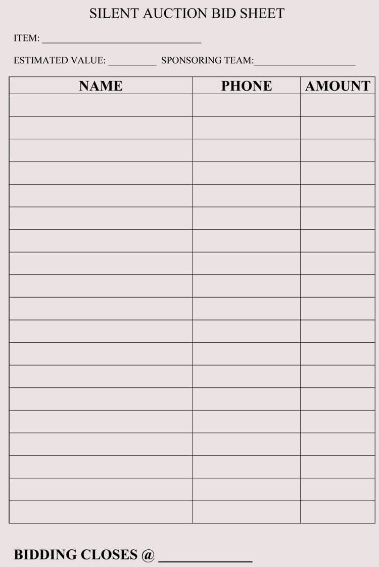 Silent Auction Bid Sheets To Print Free