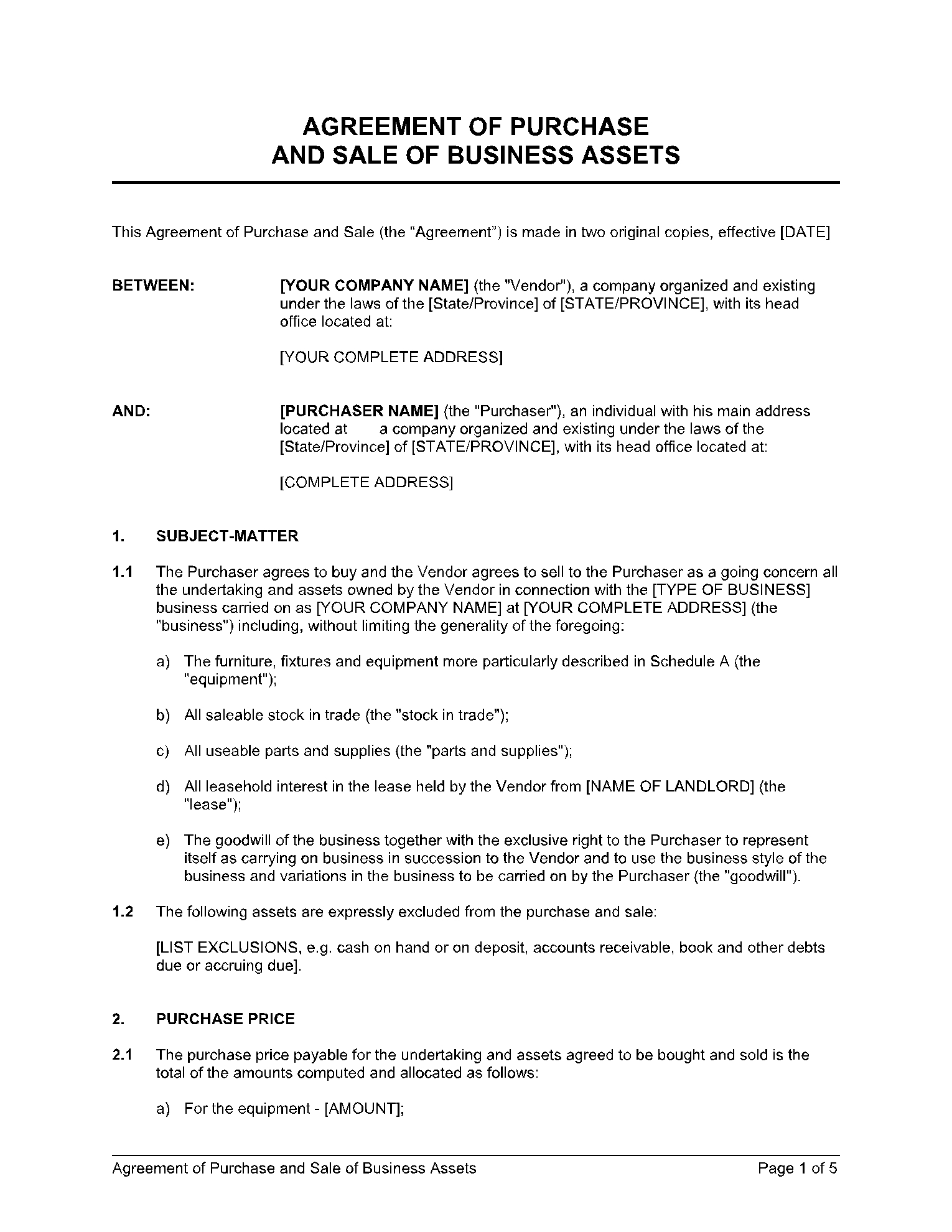 Agreement For Sale And Purchase Of A Business Template