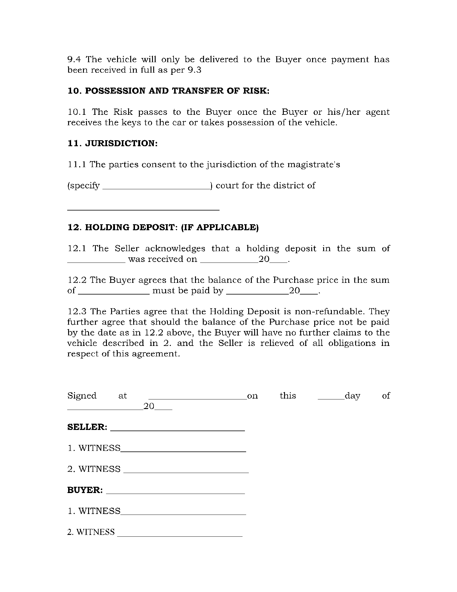 Free Printable Vehicle Purchase Agreement