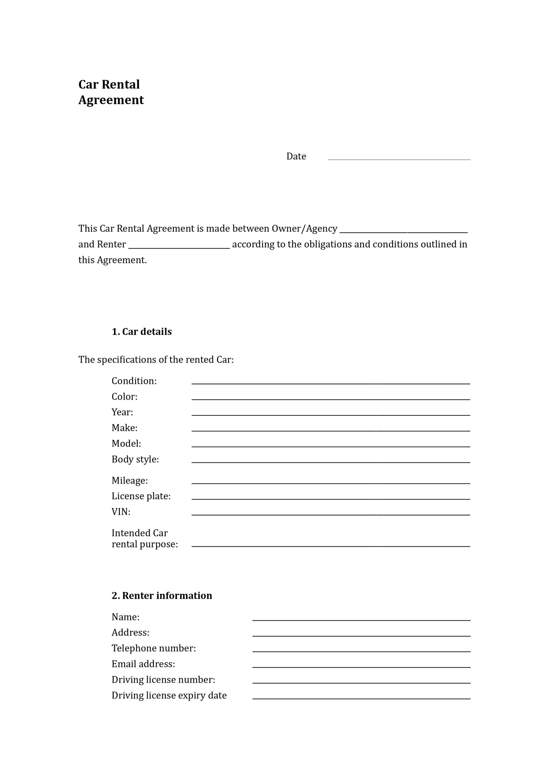 Car Rental Agreement Template