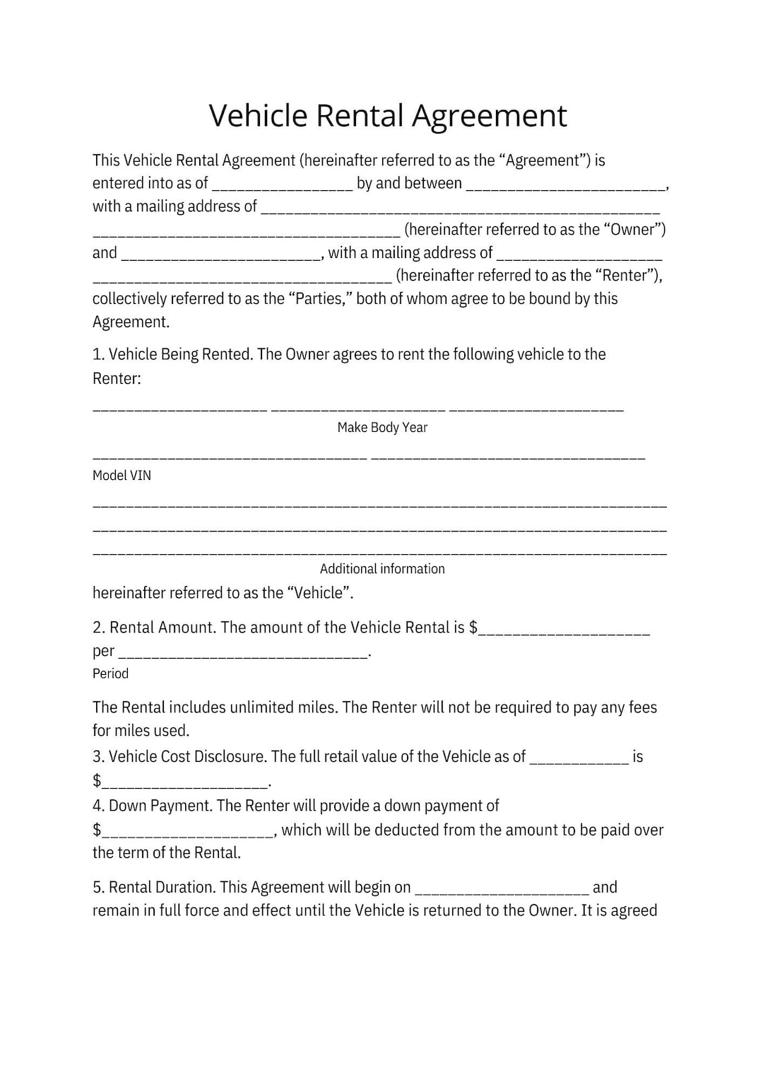 Blank Printable Car Rental Agreement Form