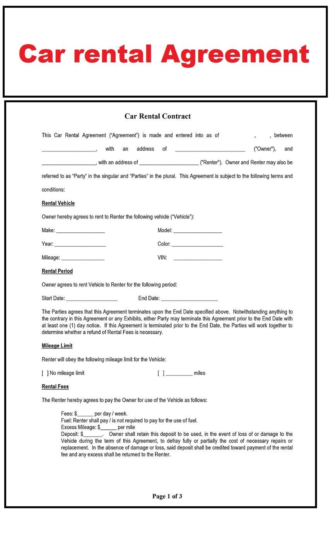 Car Rental Contract Template Free