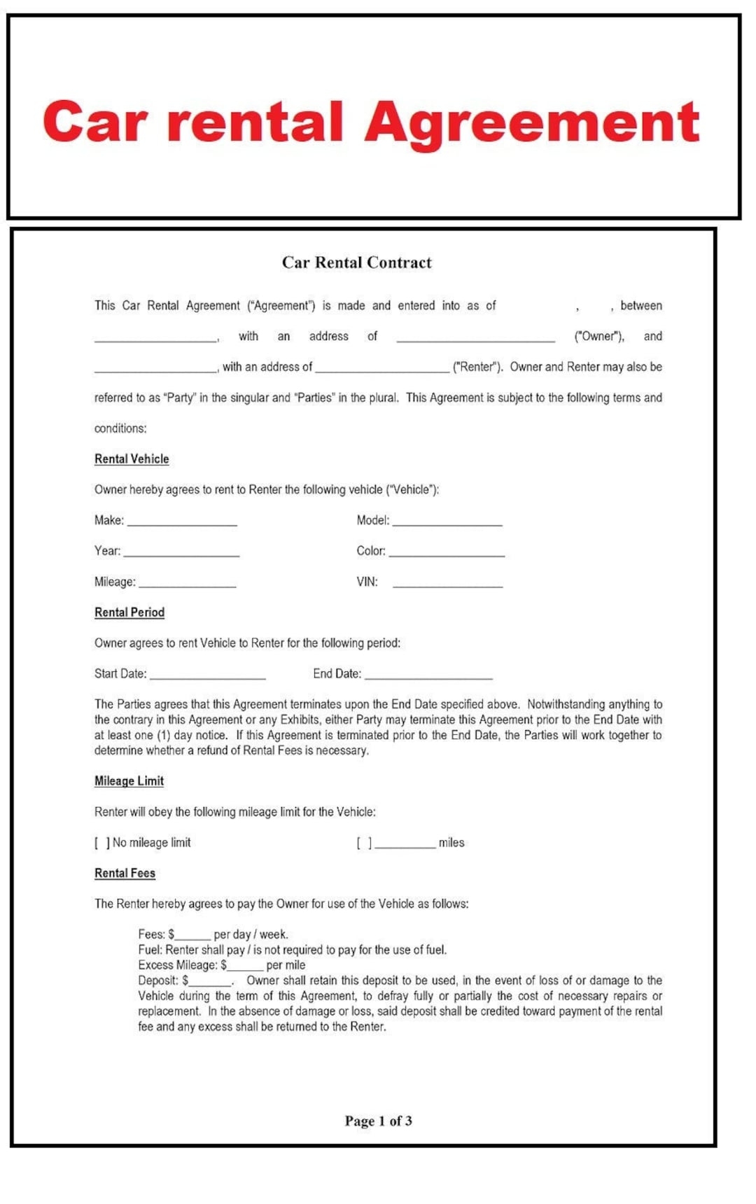 Car Rental Agreement Vehicle Rental Agreement Car Rentals Contract Editable Word And PDF File Instant Download Etsy Finland