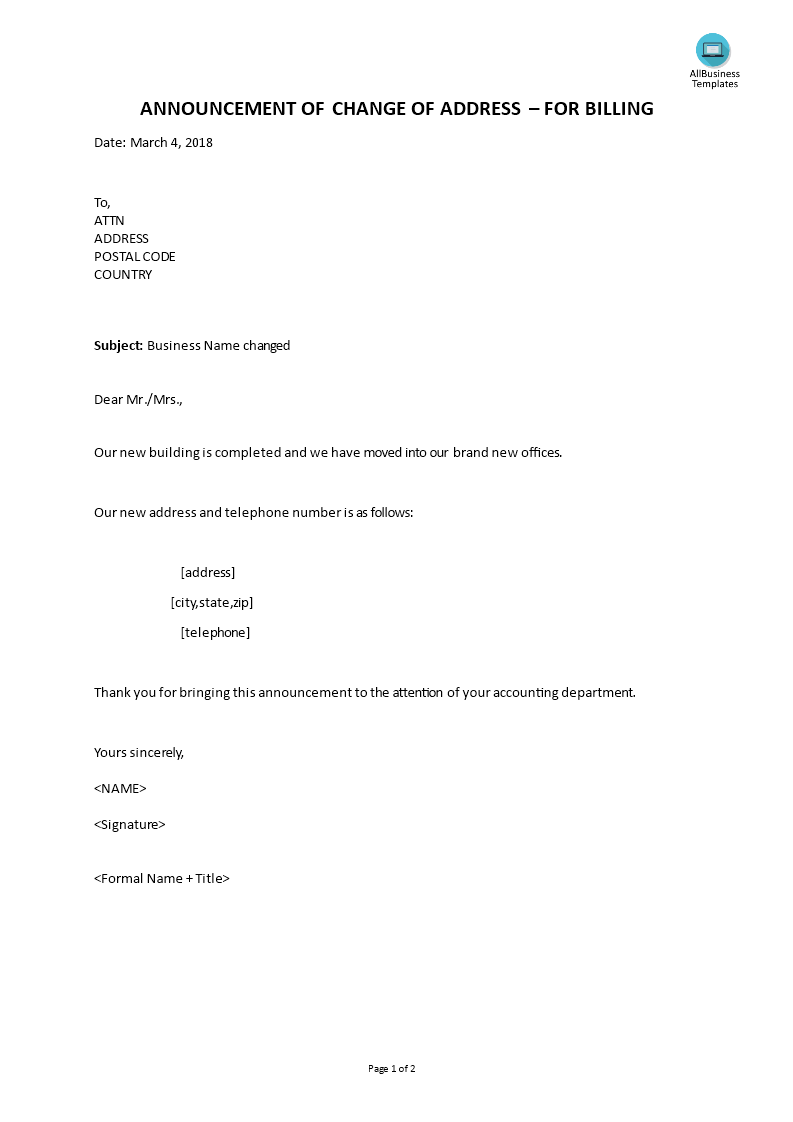 Change Of Address For Billing Announcement How To Write A Formal Change Of Address For Billing Announcemen Change Of Address Templates Professional Templates
