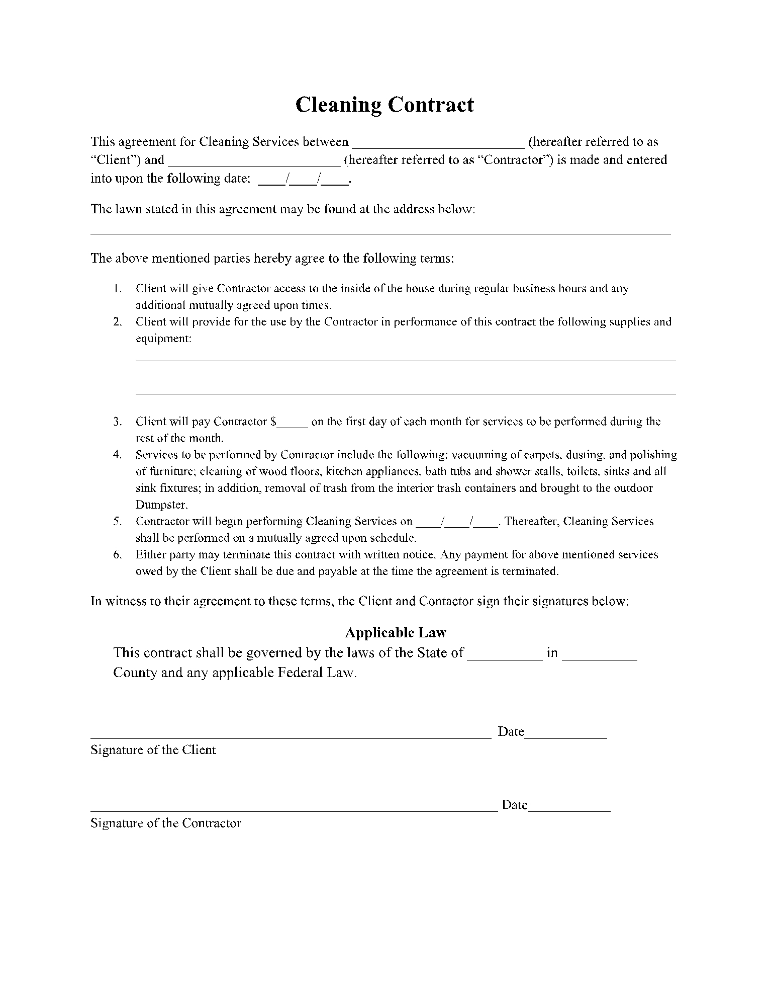 Cleaning Service Agreement Template Free