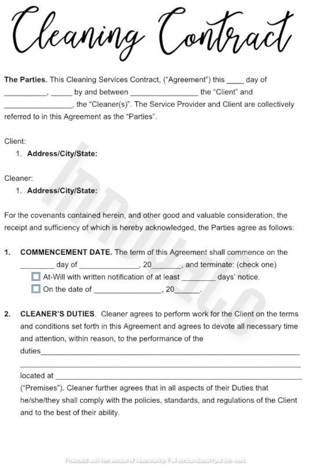 Cleaning Service Agreement Template Word