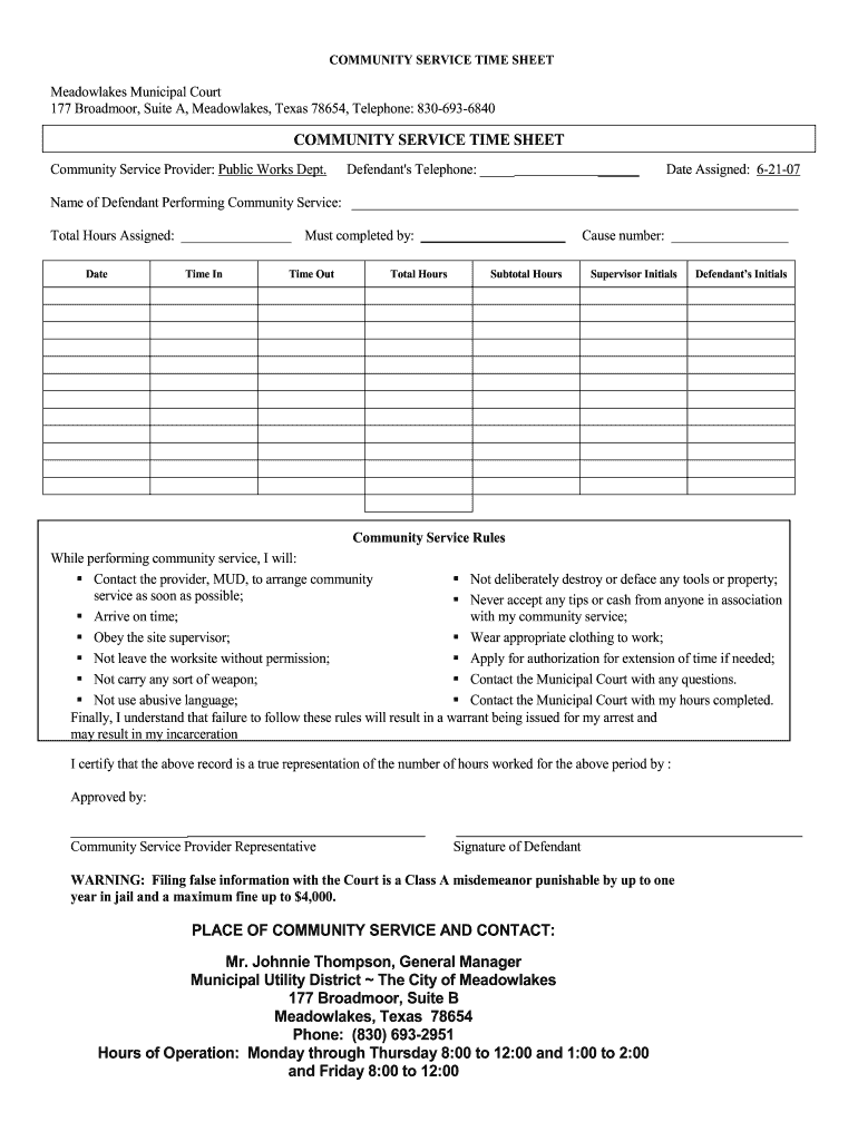 Court Ordered Community Service Forms