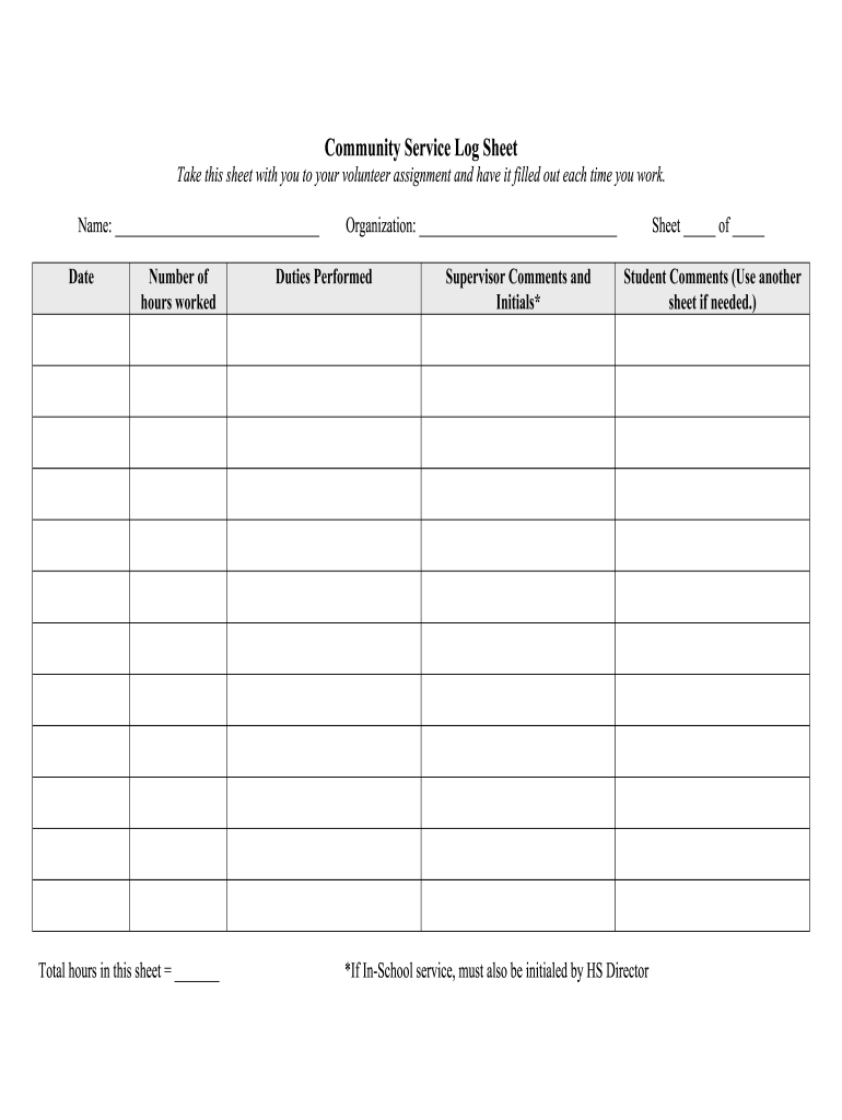 Community Service Log Sheet Fill Online Printable Fillable Blank PdfFiller