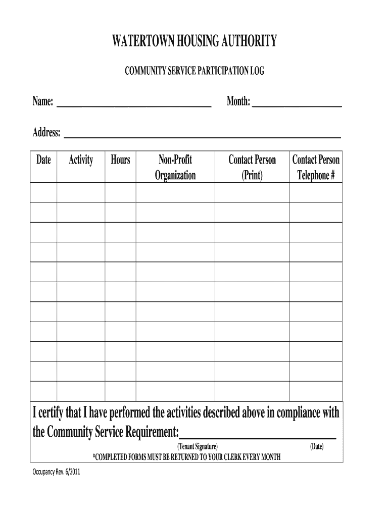 Community Service Sheet Filled Out