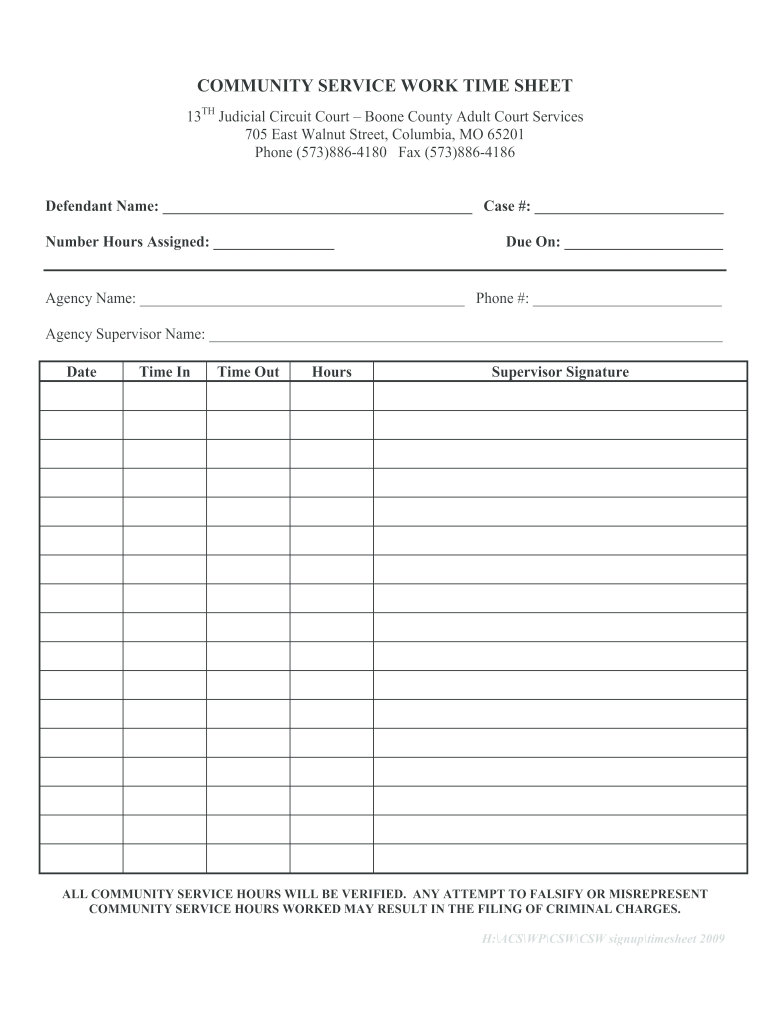 Court Mandated Community Service Form