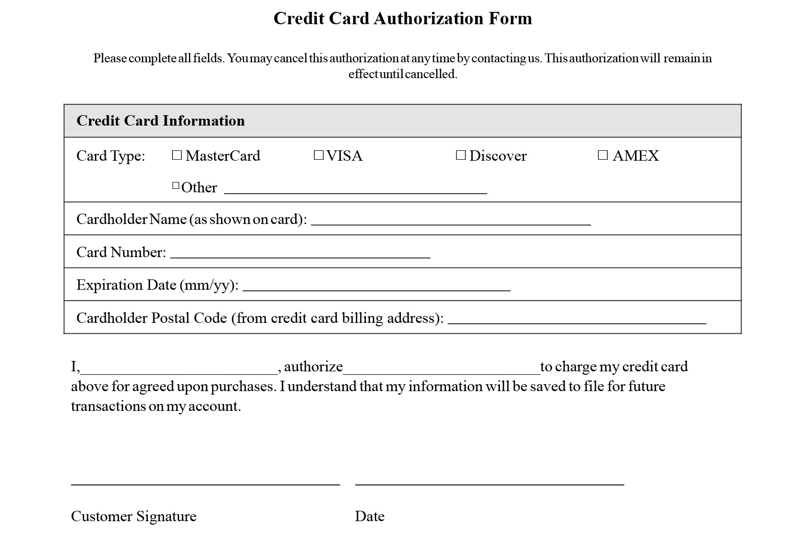 Free Credit Card Authorization Form Pdf Fillable Template