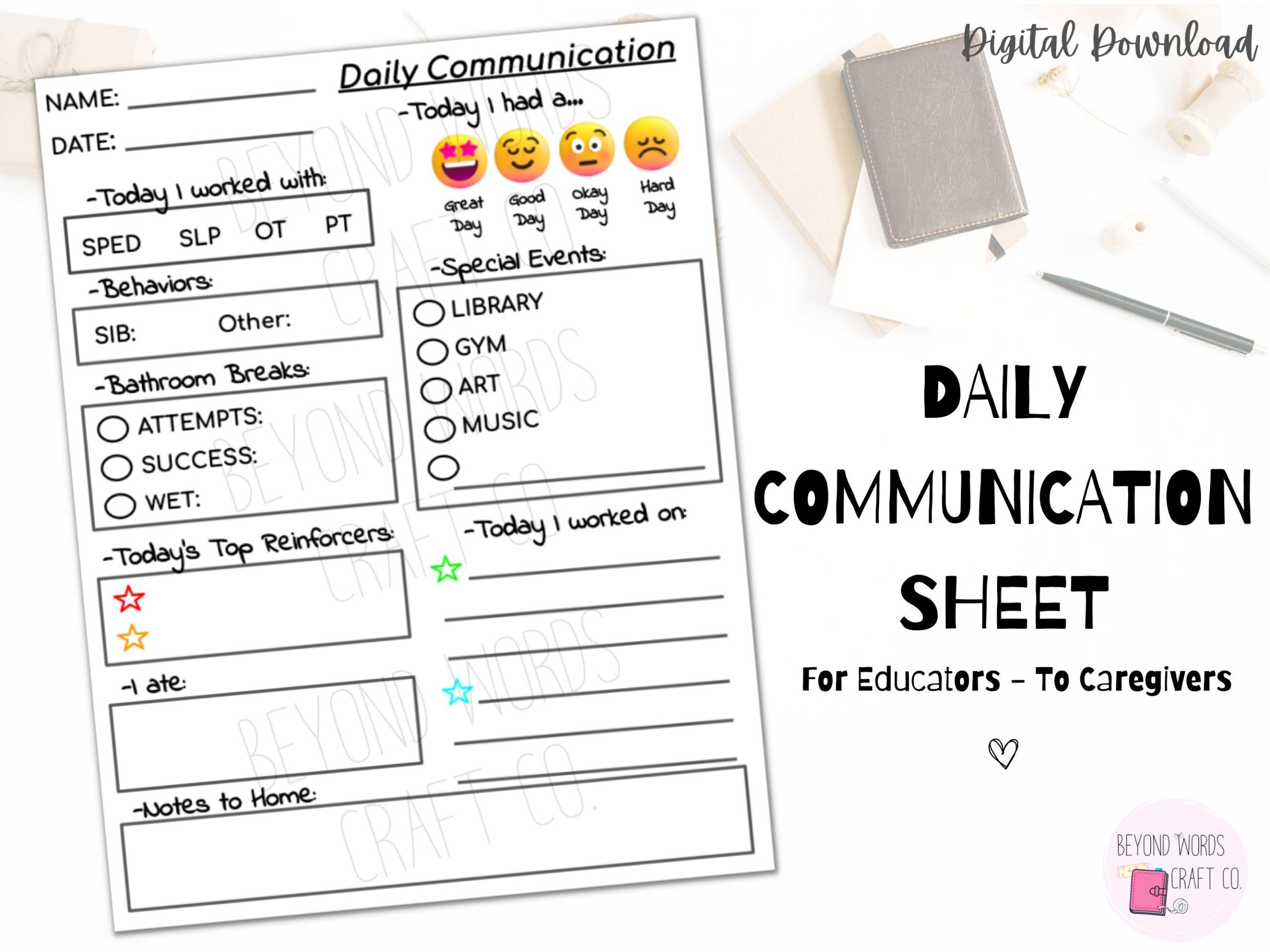 Daily Communication Log Printable For Teachers To Parents IEP Daily Report Behavior Report School Communication Download Etsy