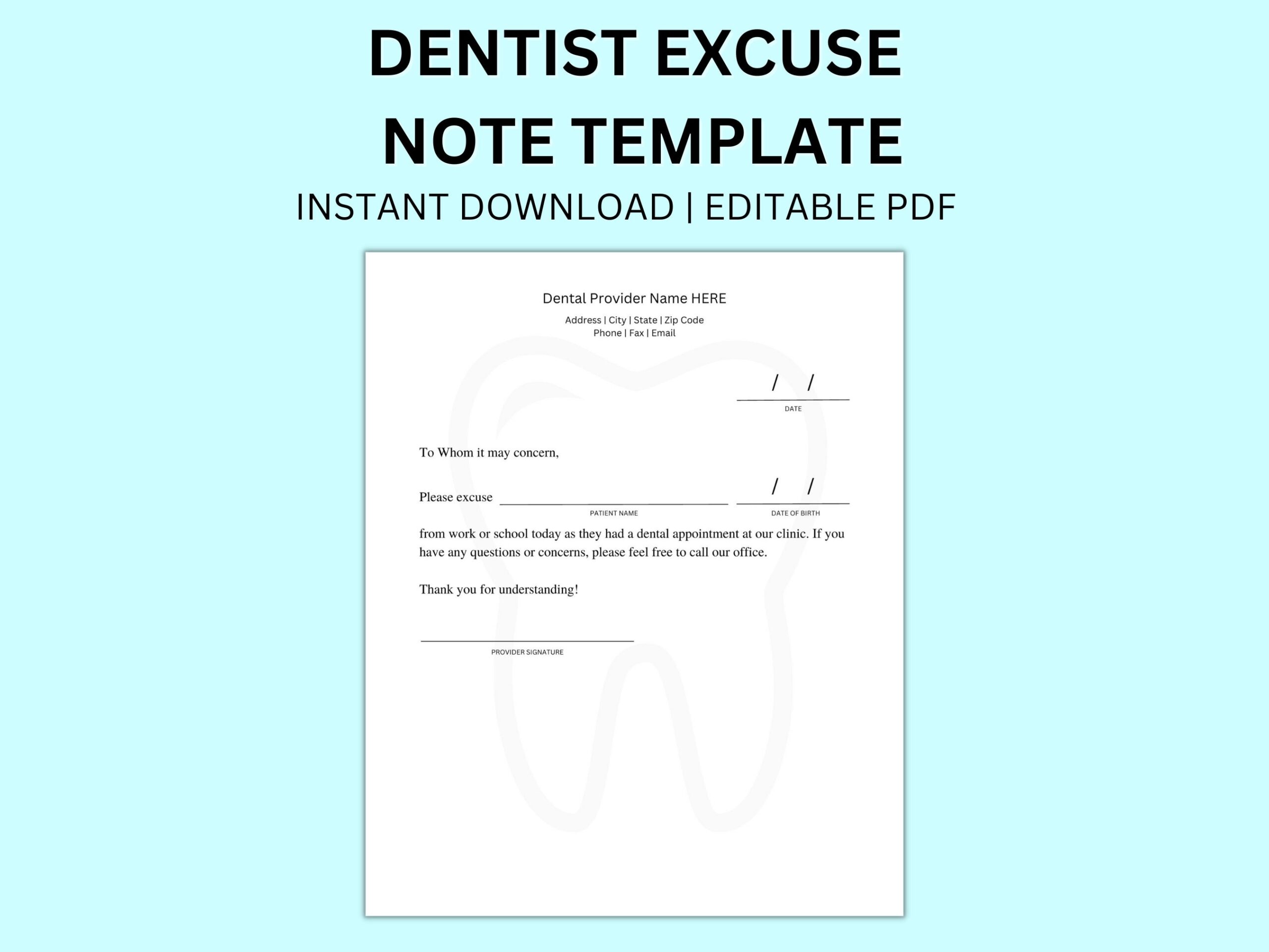 Dentist Note Excuse For School PDF Template Orthodontic Excuse Instant Download Editable PDF Office Template Dental Excuse For Work Etsy