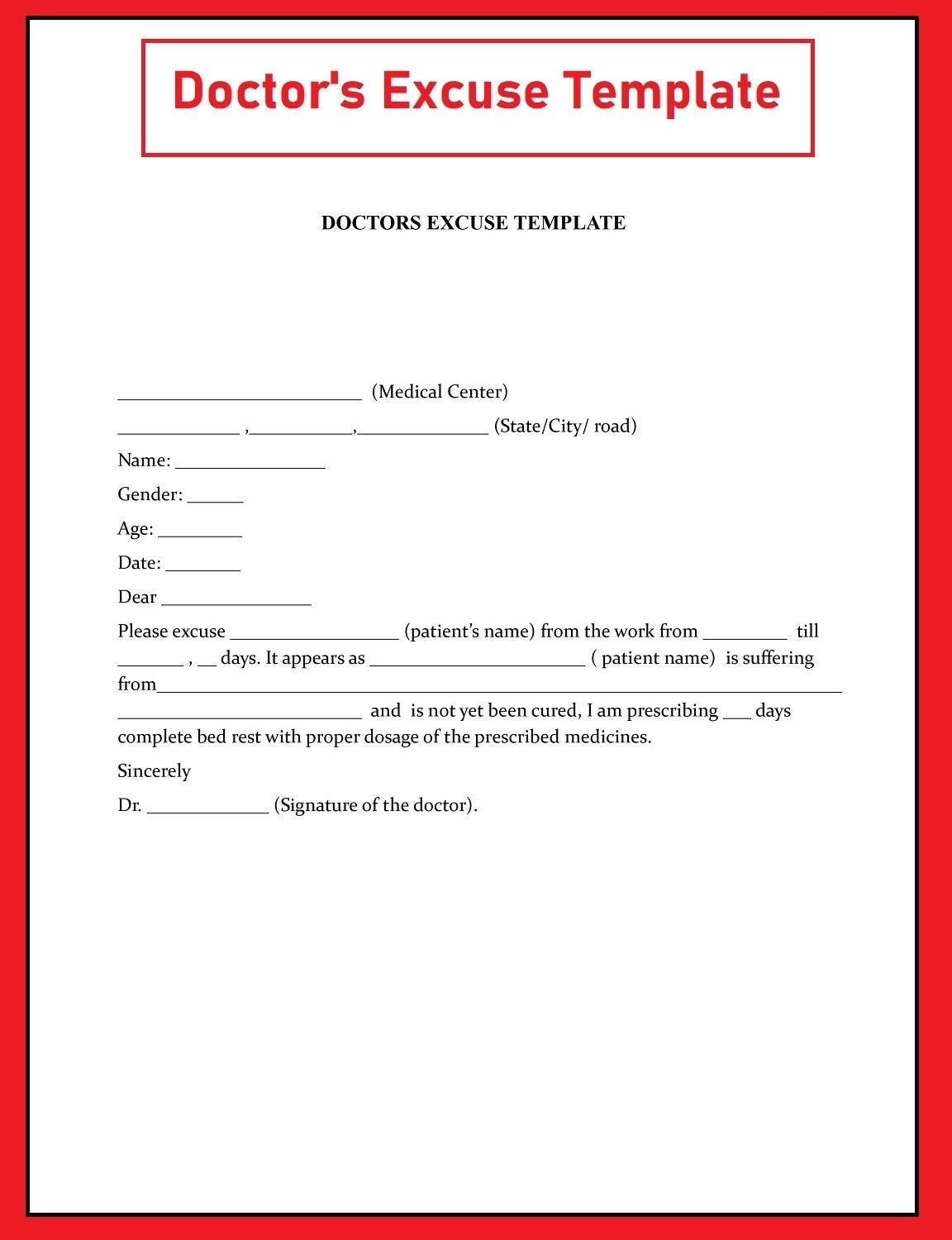Doctors Excuse Template Work Excuse Doctor Note School Excuse Doctors Note Instant Download Medical Excuse Letter PDF And Word Etsy