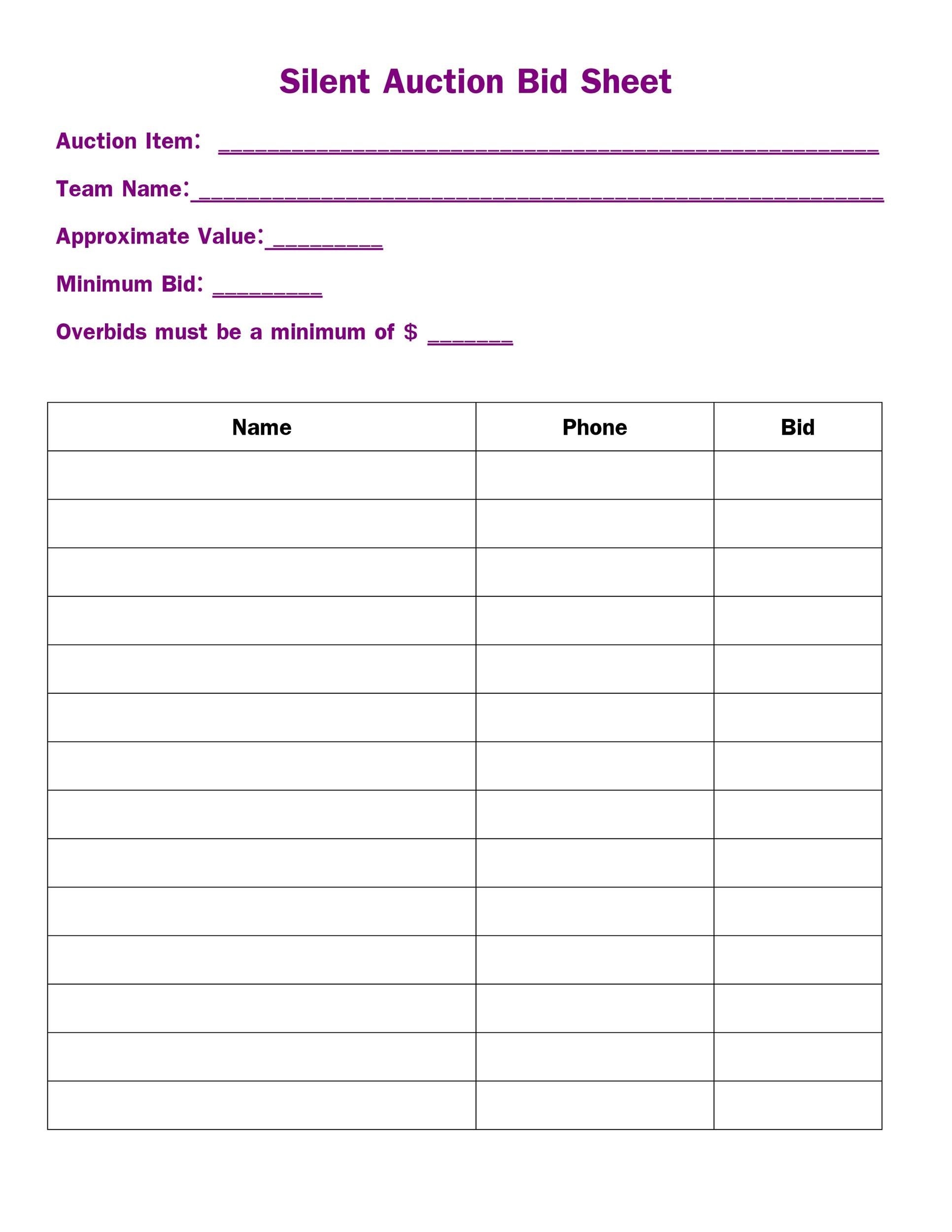 Silent Auction Bid Sheets To Print Free Pdf