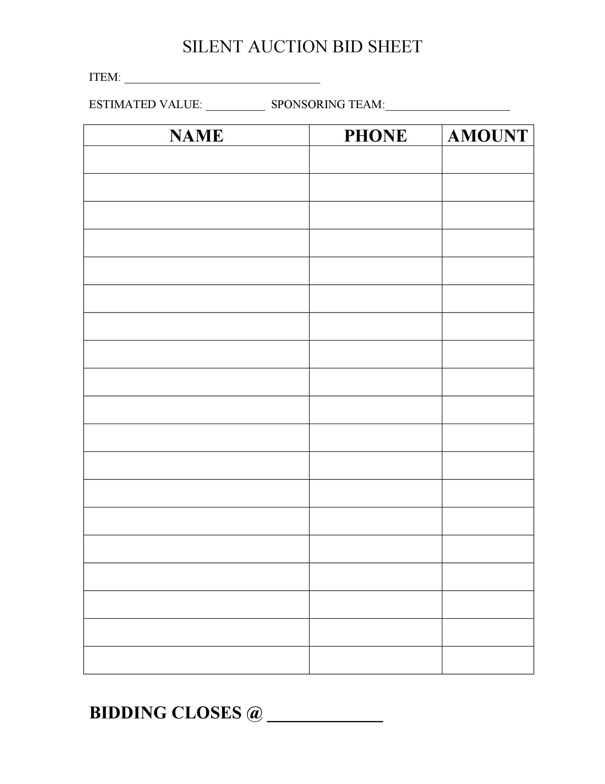 Silent Auction Bid Sheet Free Pdf