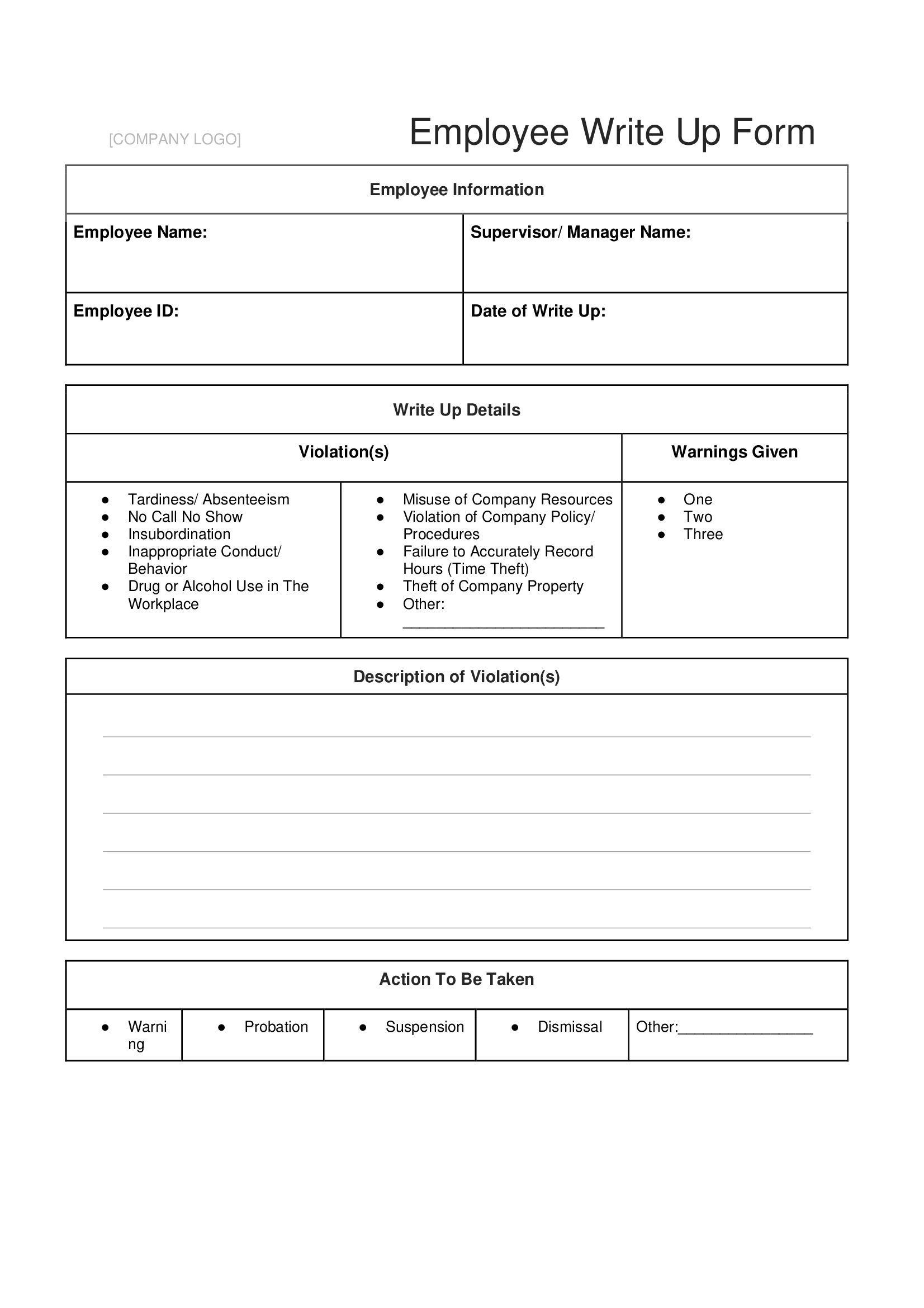 Employee Write Up Form California