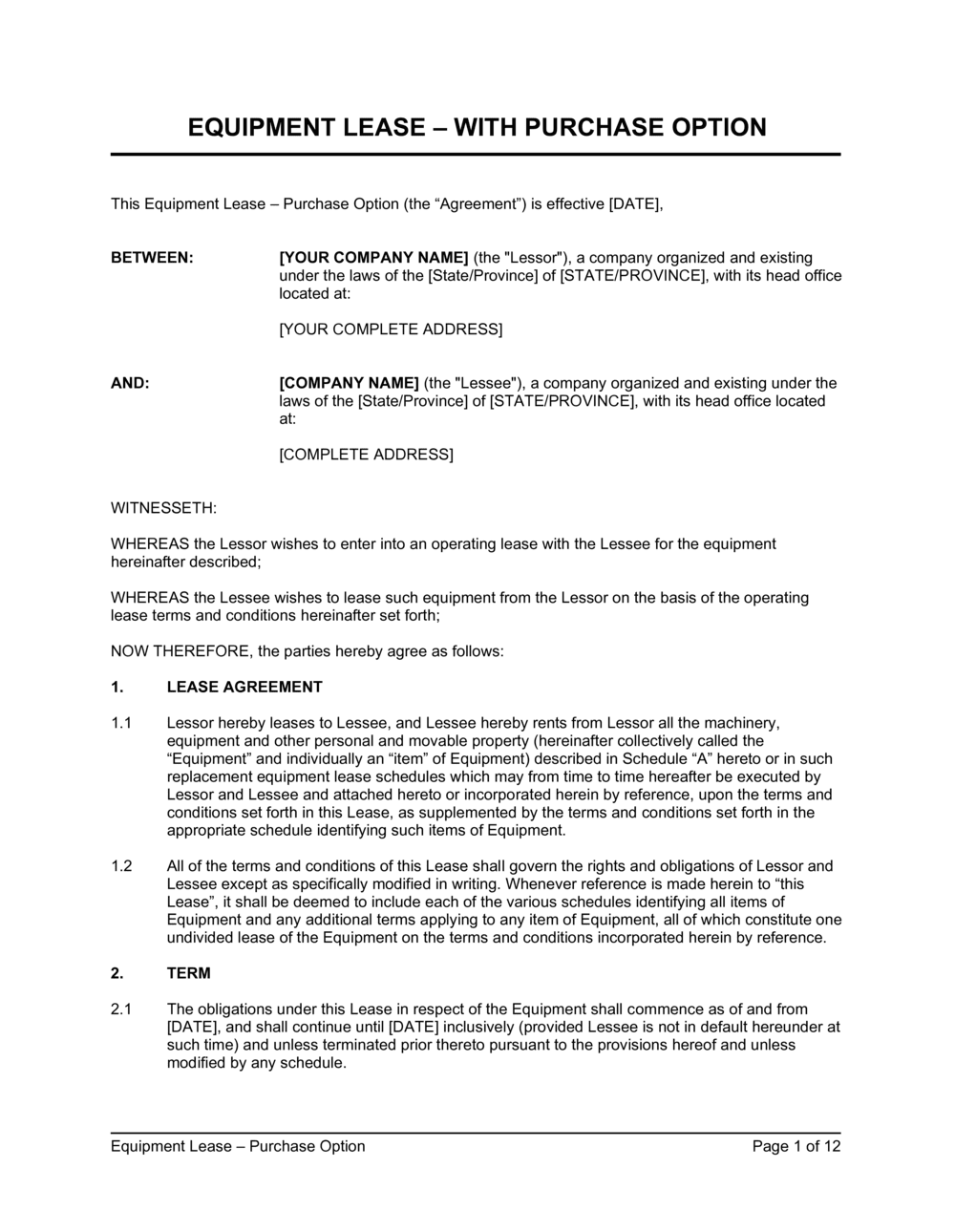 Equipment Lease Agreement With Option To Purchase Template Business in a Box 