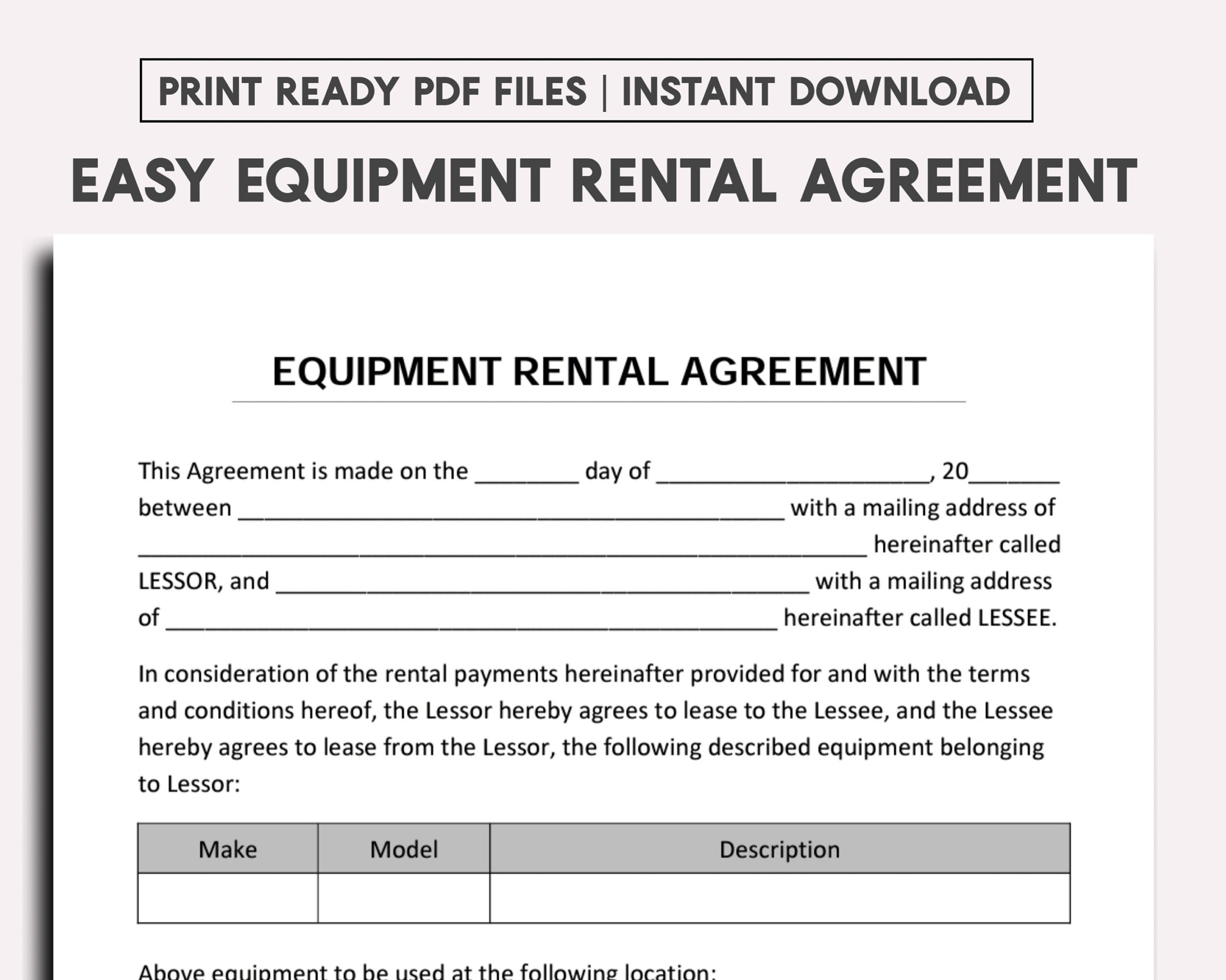 Simple Equipment Rental Agreement Template Word