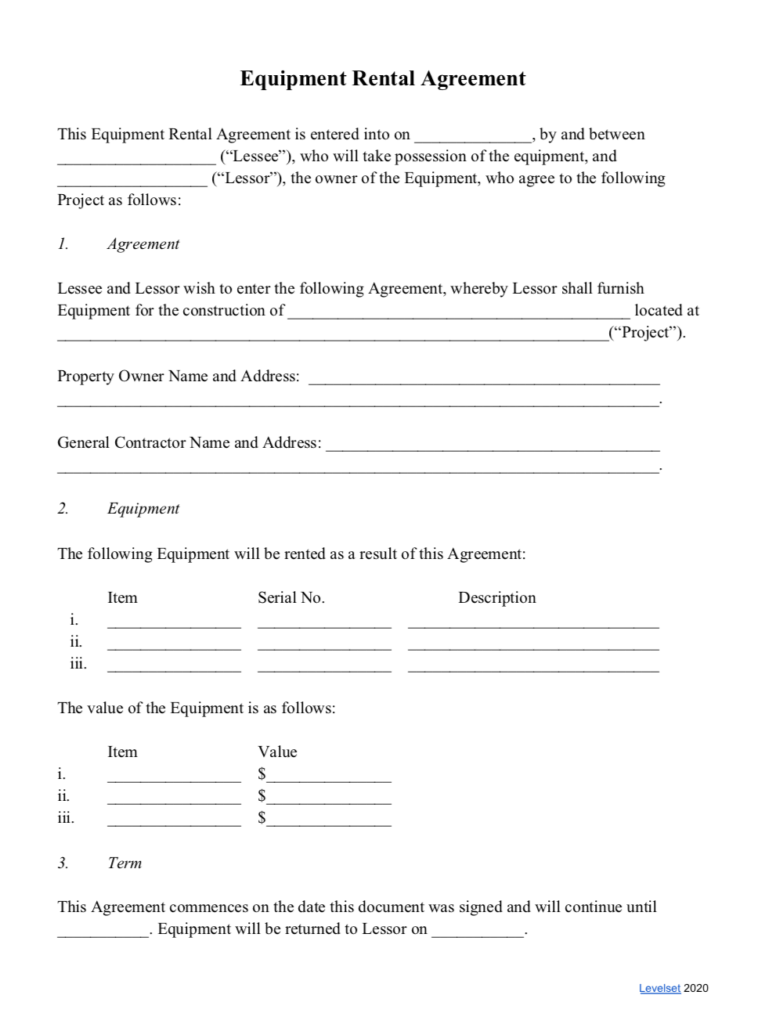 Equipment Rental Agreements Free Template 
