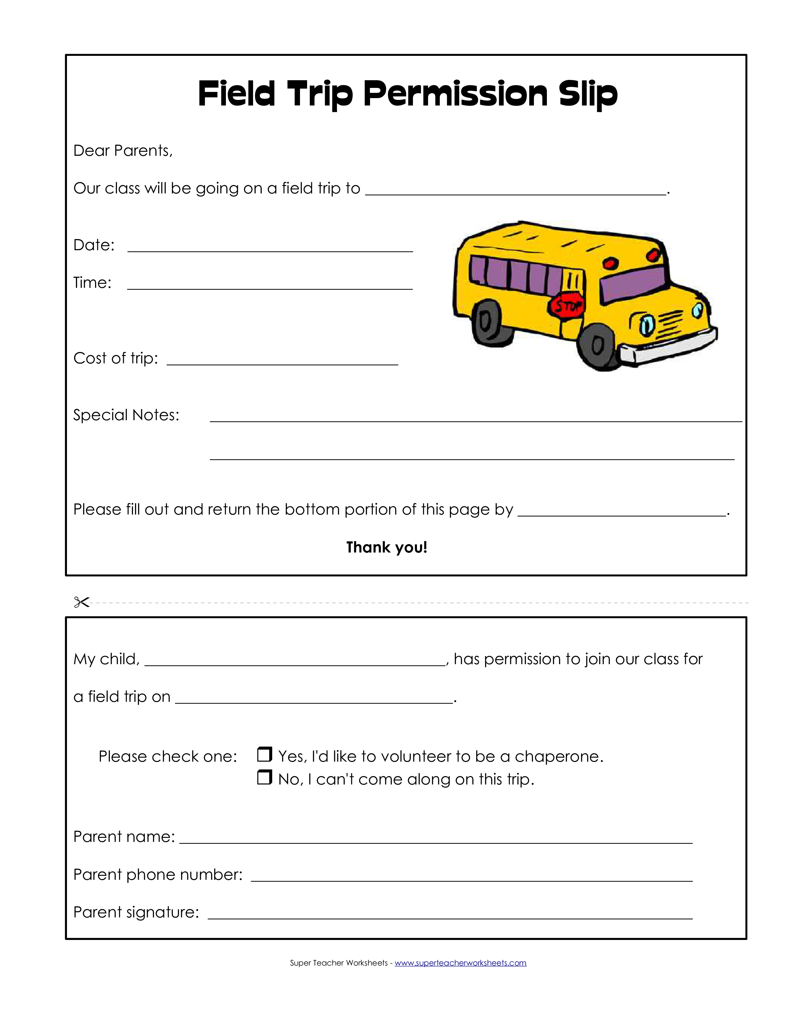 Permission Slip For Field Trip