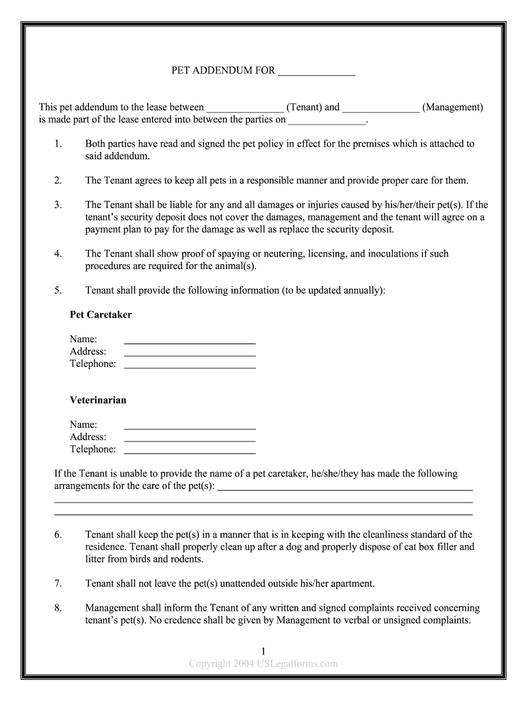 Pet Addendum To Rental Agreement